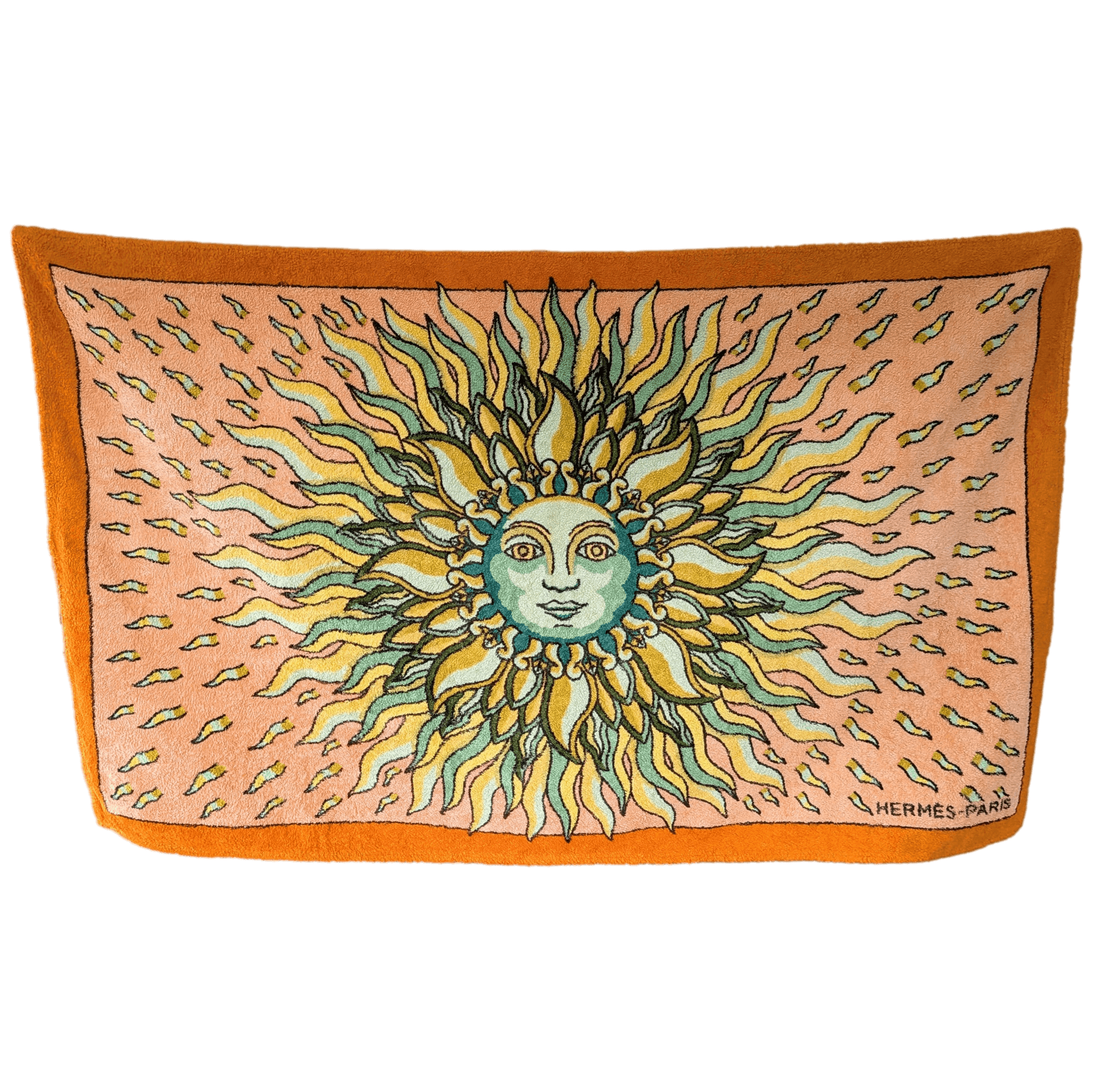 HERMES Gloria Soli Beach Towel GM 90 x 150 cm Green Orange Cotton Terry Pristine