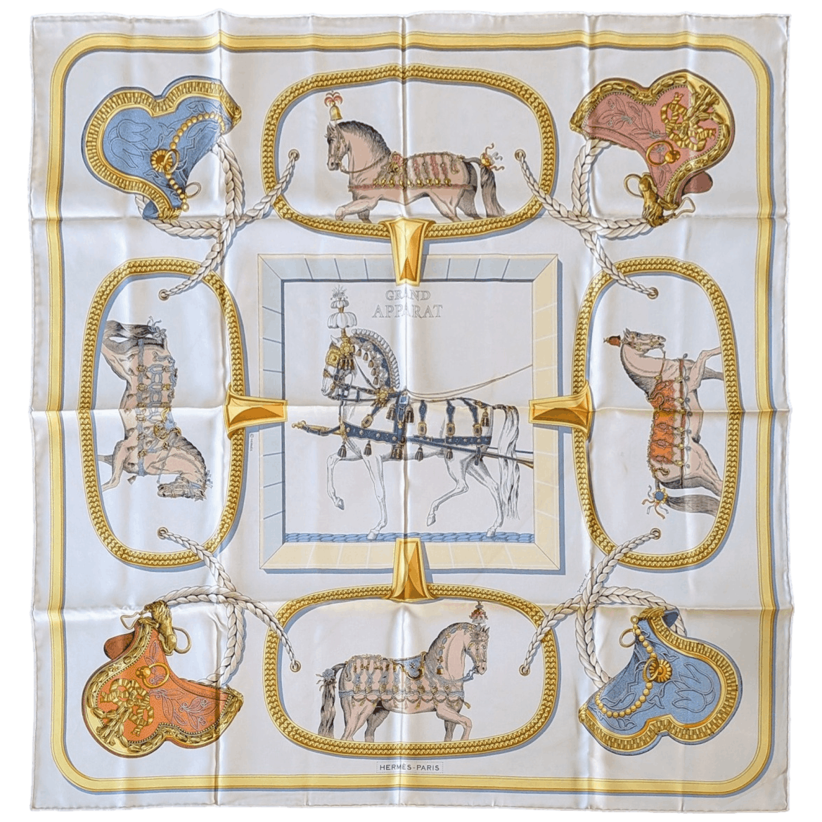 HERMES Grand Apparat Carre de Toujours Silk Scarf 90 Creme Gold Multicolor Unworn Box