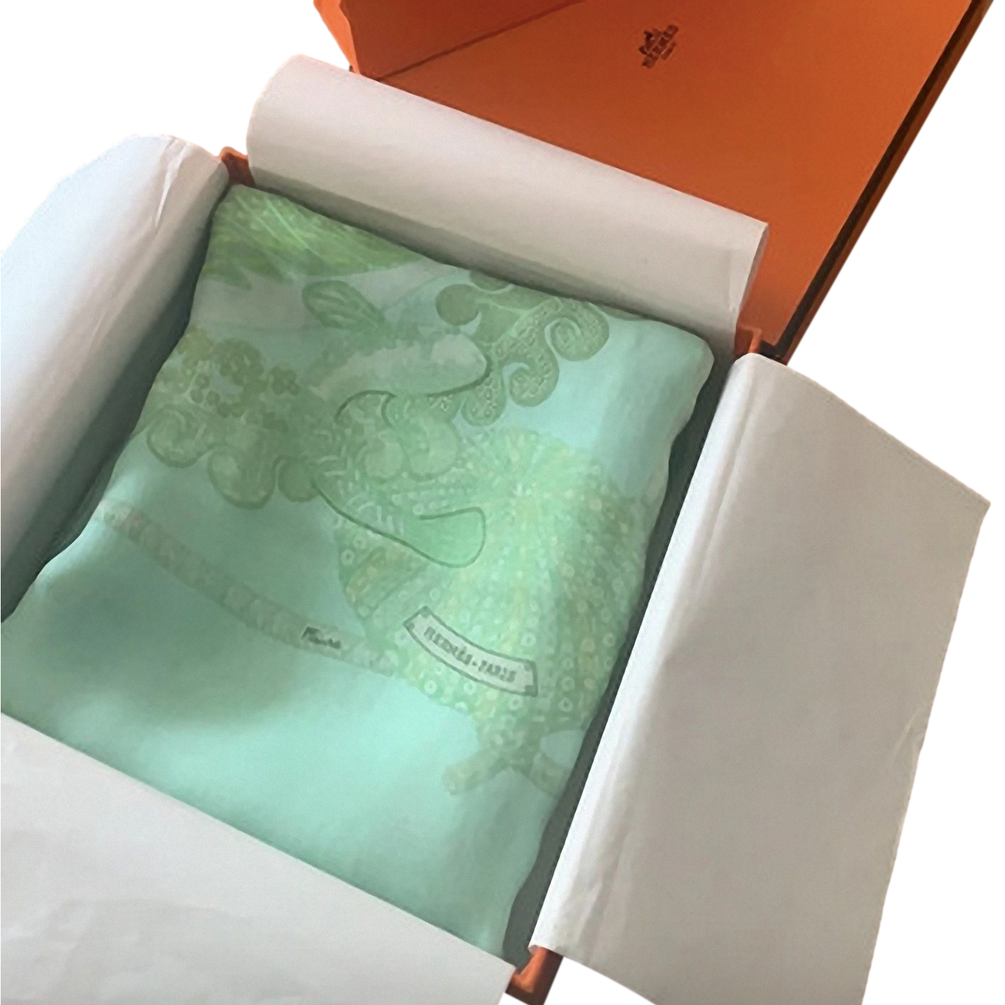 HERMES GRANDS FONDS DOUBLE FACE Green & Blanc Matte Overlay Mousseline 140 x 140 cm
