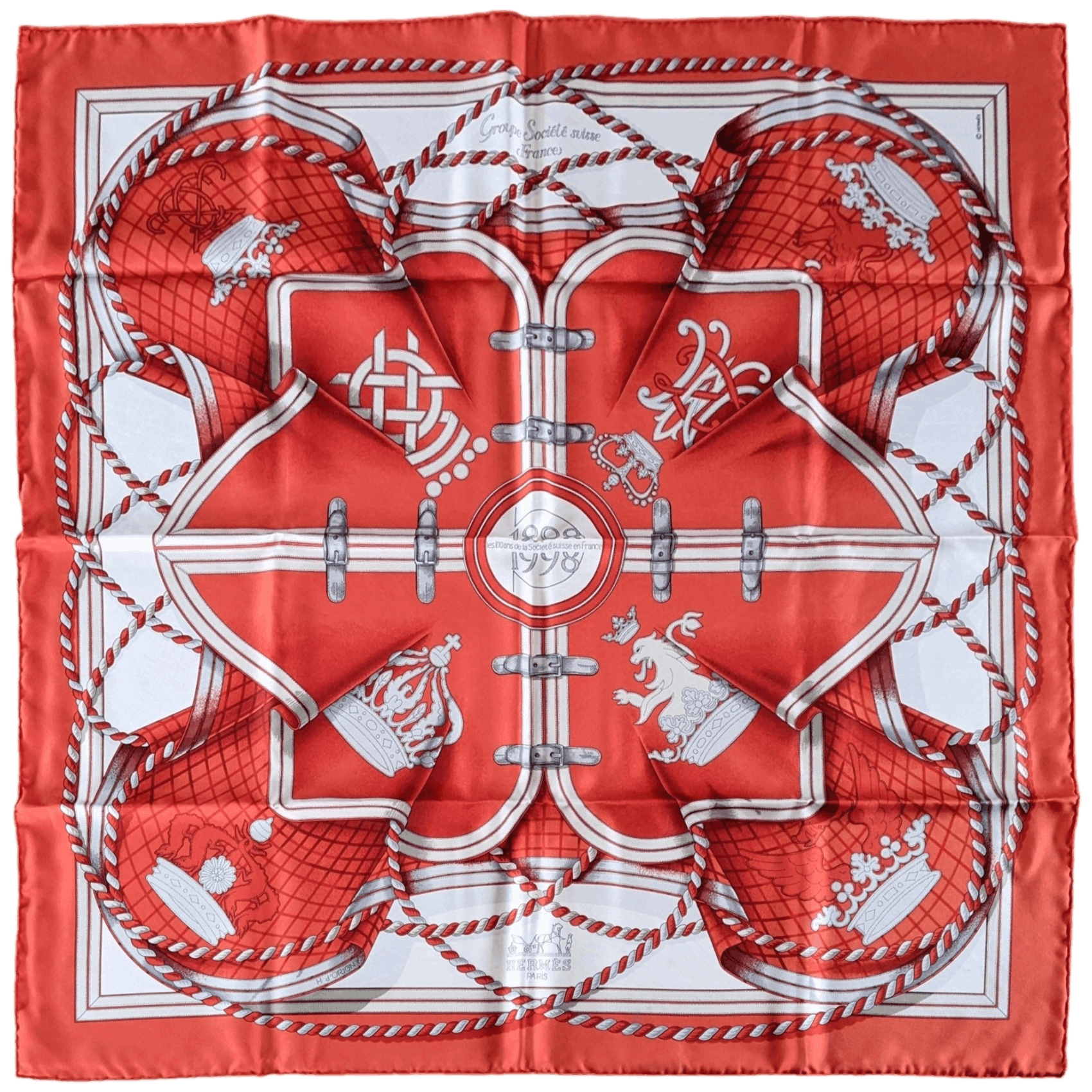 HERMES - 1998 Societe Suisse France 100th Anniversary - Henri d’Origny - Twill Silk Scarf 90 cm