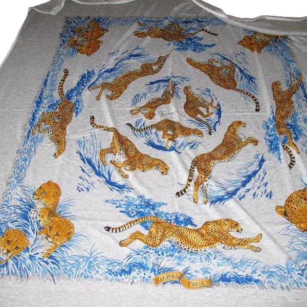 Hermes 2011 Grey/Blue Guepards Tee-Shirt Cotton Shawl Scarf 110cm