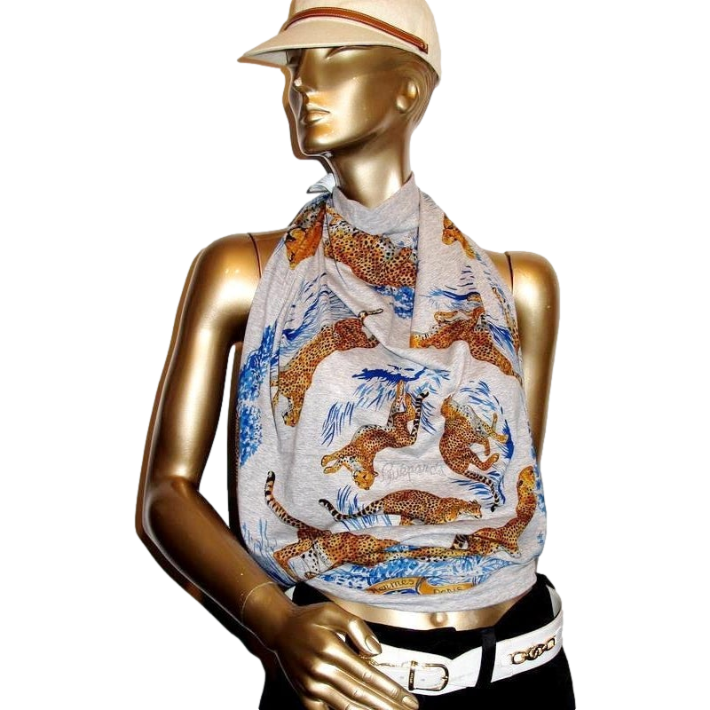 Hermes 2011 Grey/Blue Guepards Tee-Shirt Cotton Shawl Scarf 110cm