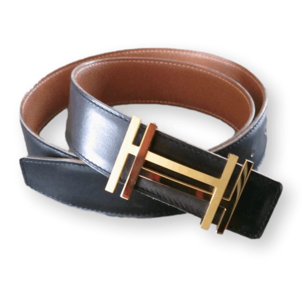 HERMES H au Carré Belt Buckle Gold Shiny Matt 32 mm Unused with Chevron Pouch