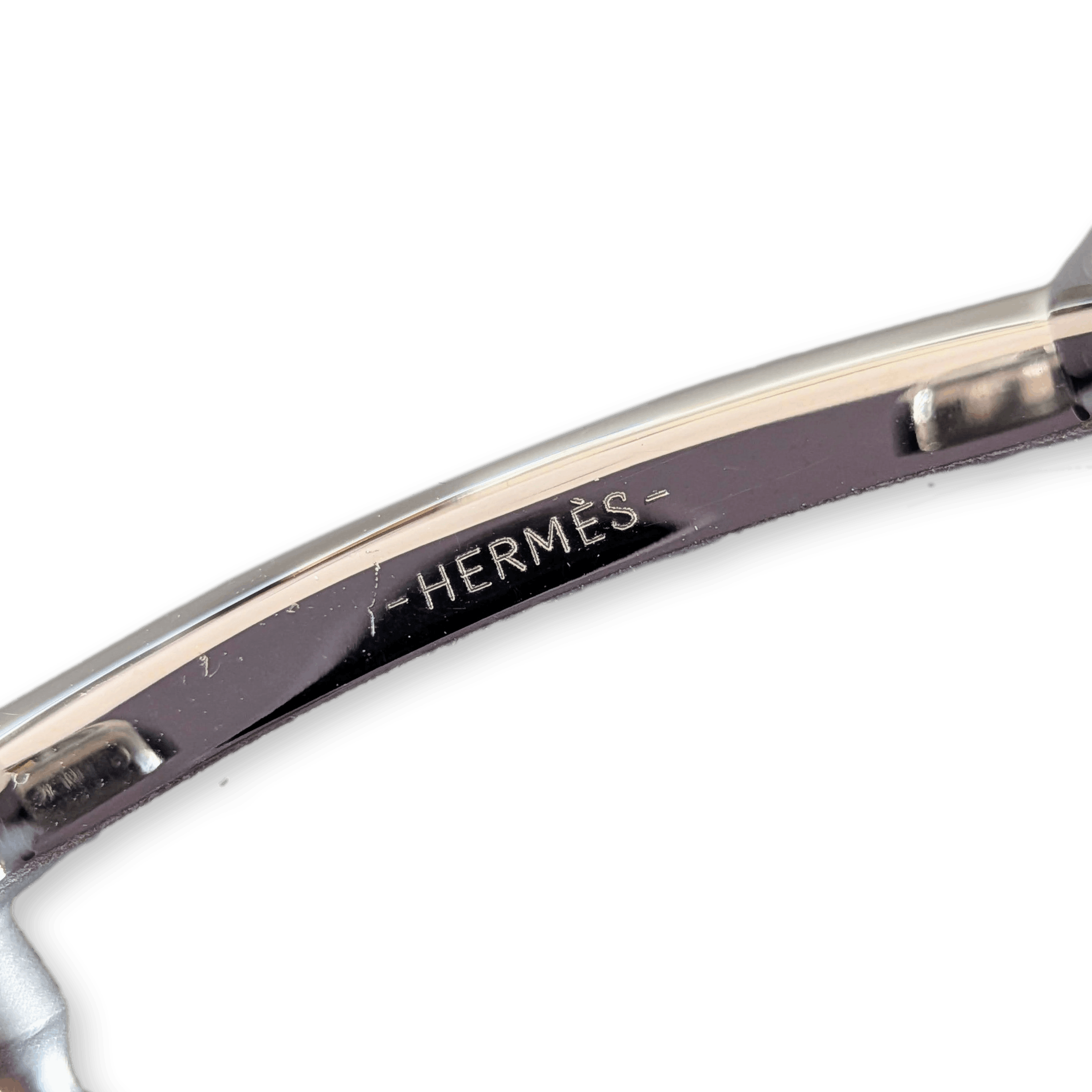 HERMES H Belt Buckle Guillochee Silver Plated 32 mm Unused with Chevron Pouch