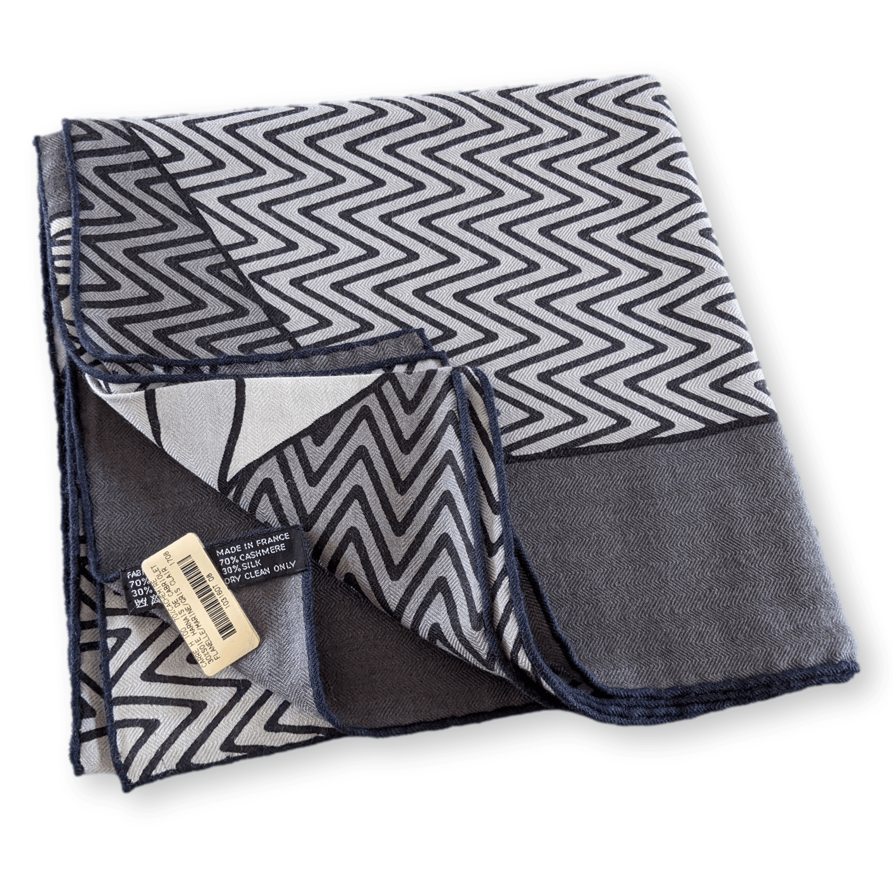 Hermes Men's Grey/Navy HARNAIS DE CABRIOLET 70% Cashmere Carre H 100 cm