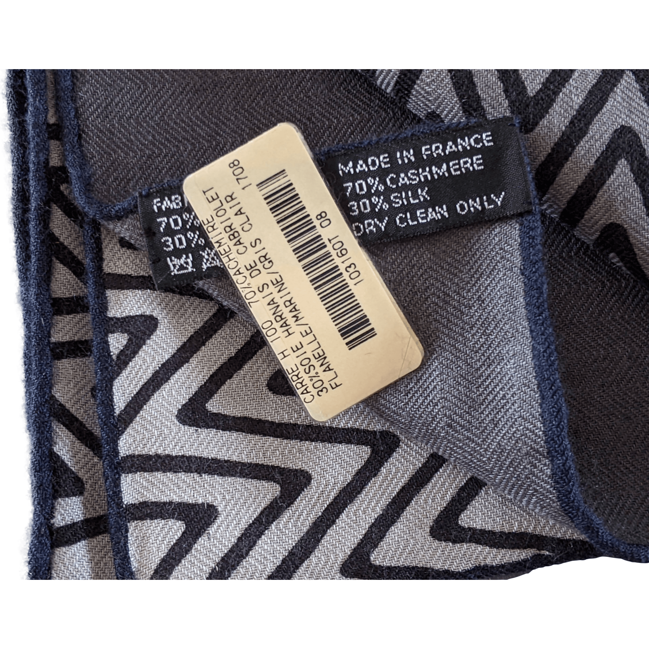 Hermes Men's Grey/Navy HARNAIS DE CABRIOLET 70% Cashmere Carre H 100 cm