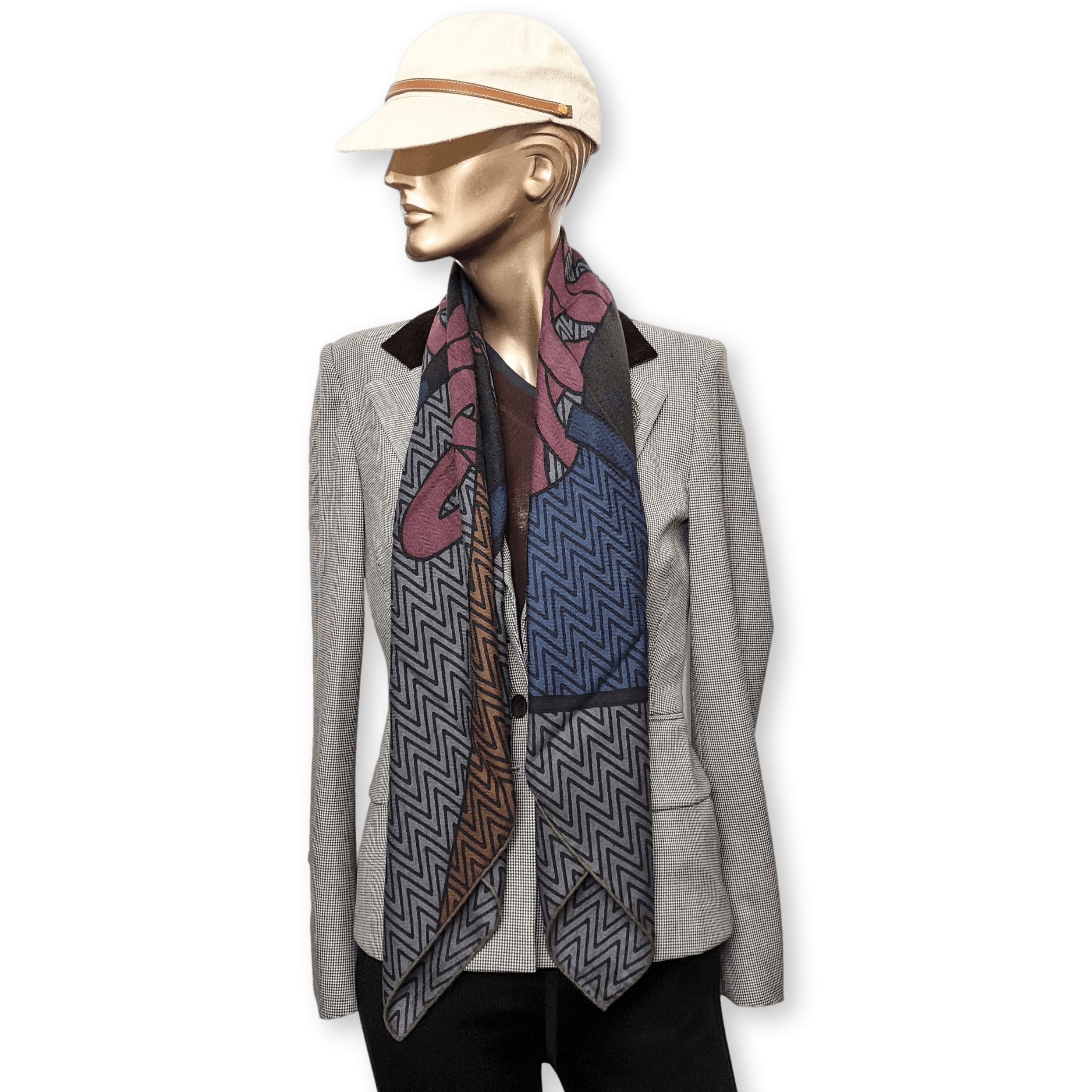 Hermes Men's Brown/Kaki/Lie de Vin HARNAIS DE CABRIOLET 70% Cashmere Carre H 100 cm