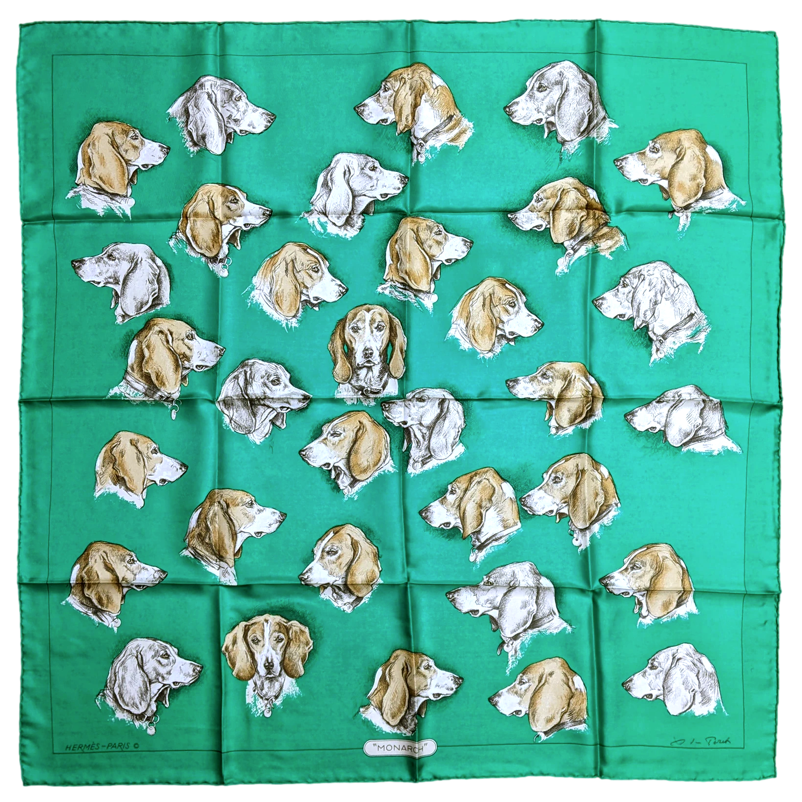 Hermes 1974 Vert 'Monarch' Hound Dog Beagle by Xavier de Poret Twill 90cm