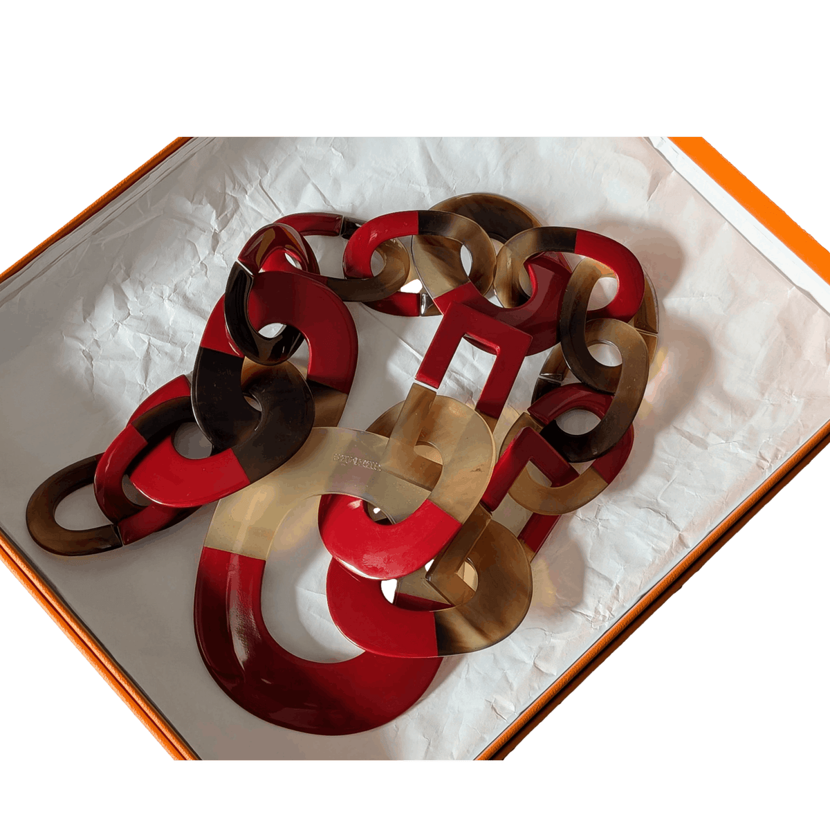 HERMES Isidore Horn and Red Lacquer Statement Necklace in Box