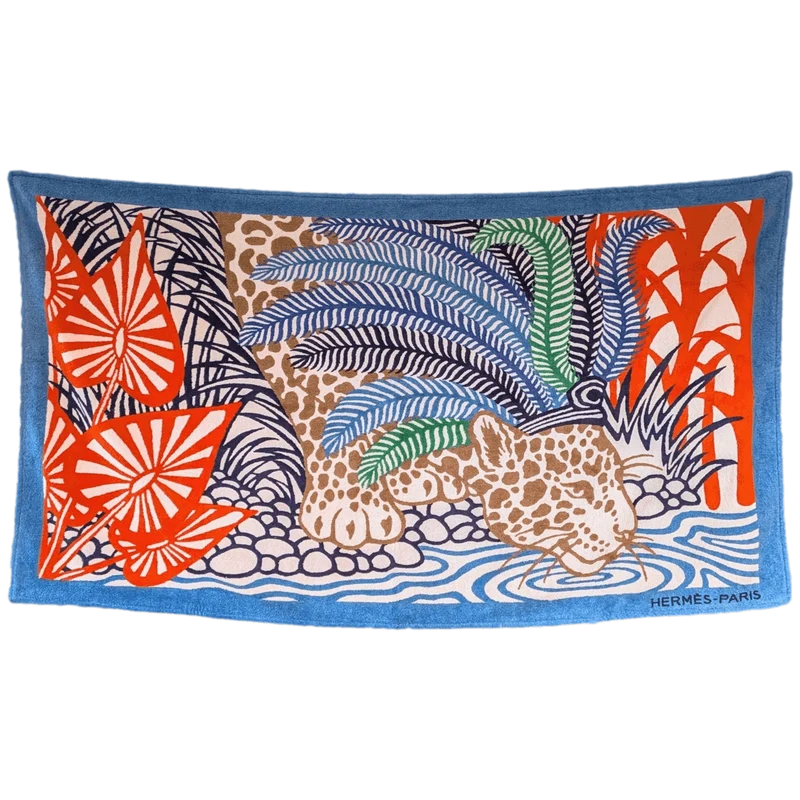 HERMES Jaguar Quetzal Alice Shirley Beach Towel Blue Multicolor 90 x 150 cm
