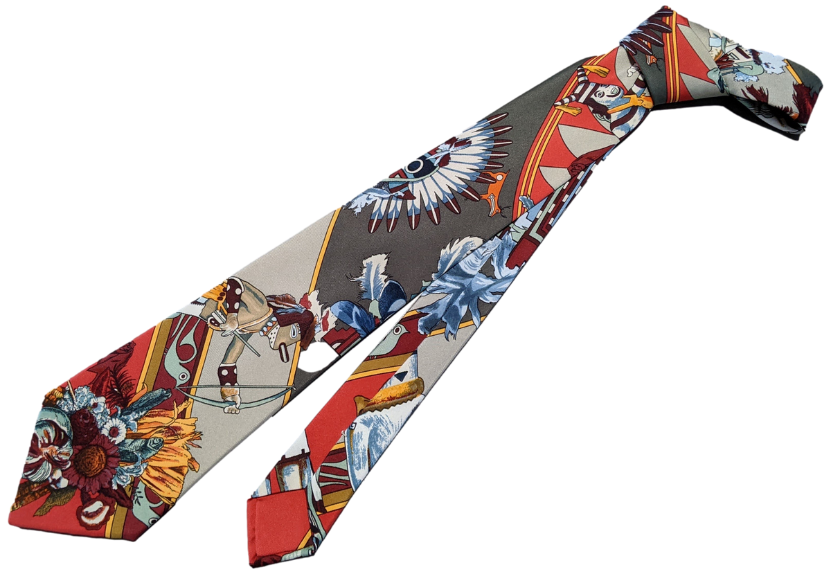 Hermes 1990's Green Celadon Kachinas by Kermit Oliver Print Scarf Twill Silk Tie 9,5 cm