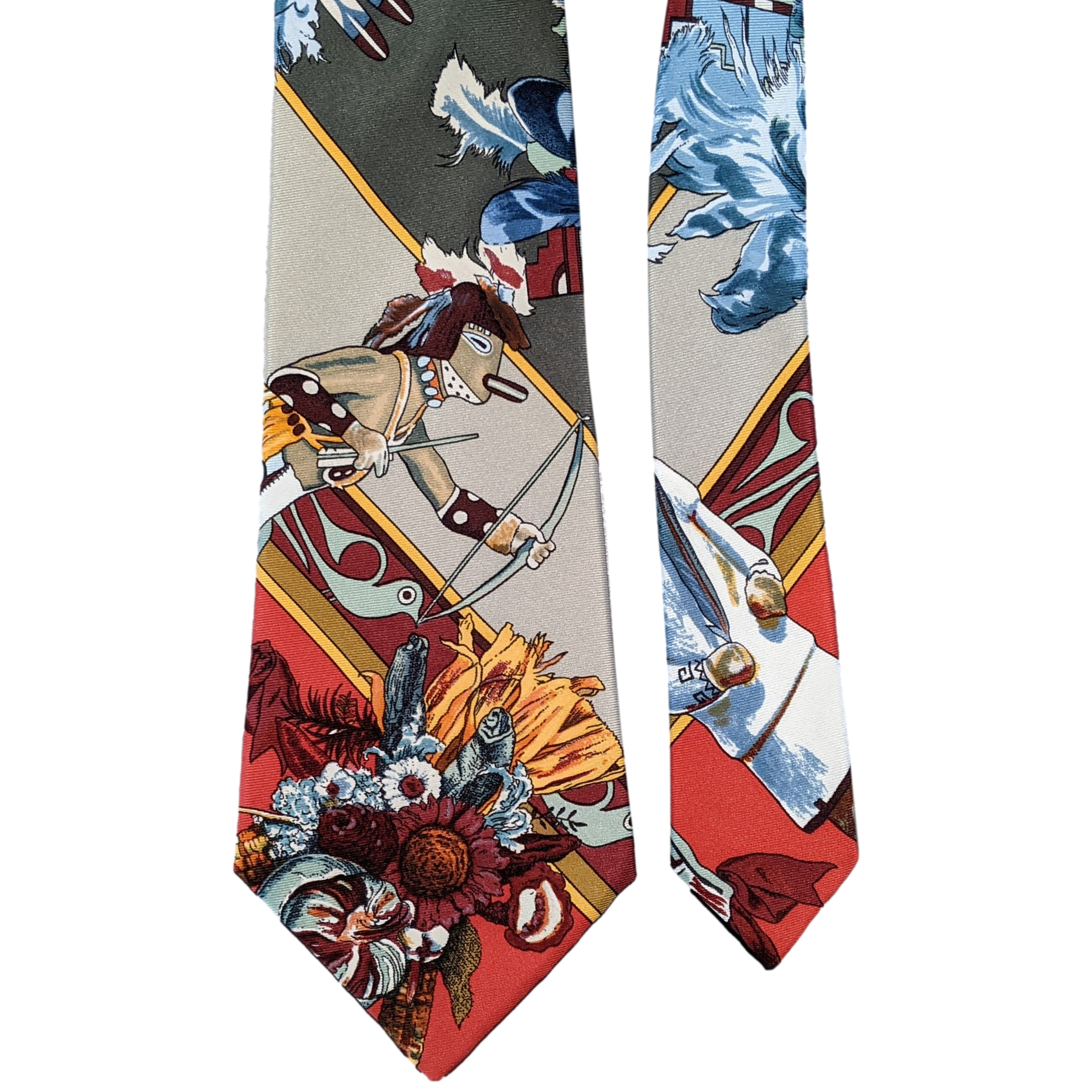 Hermes 1990's Green Celadon Kachinas by Kermit Oliver Print Scarf Twill Silk Tie 9,5 cm