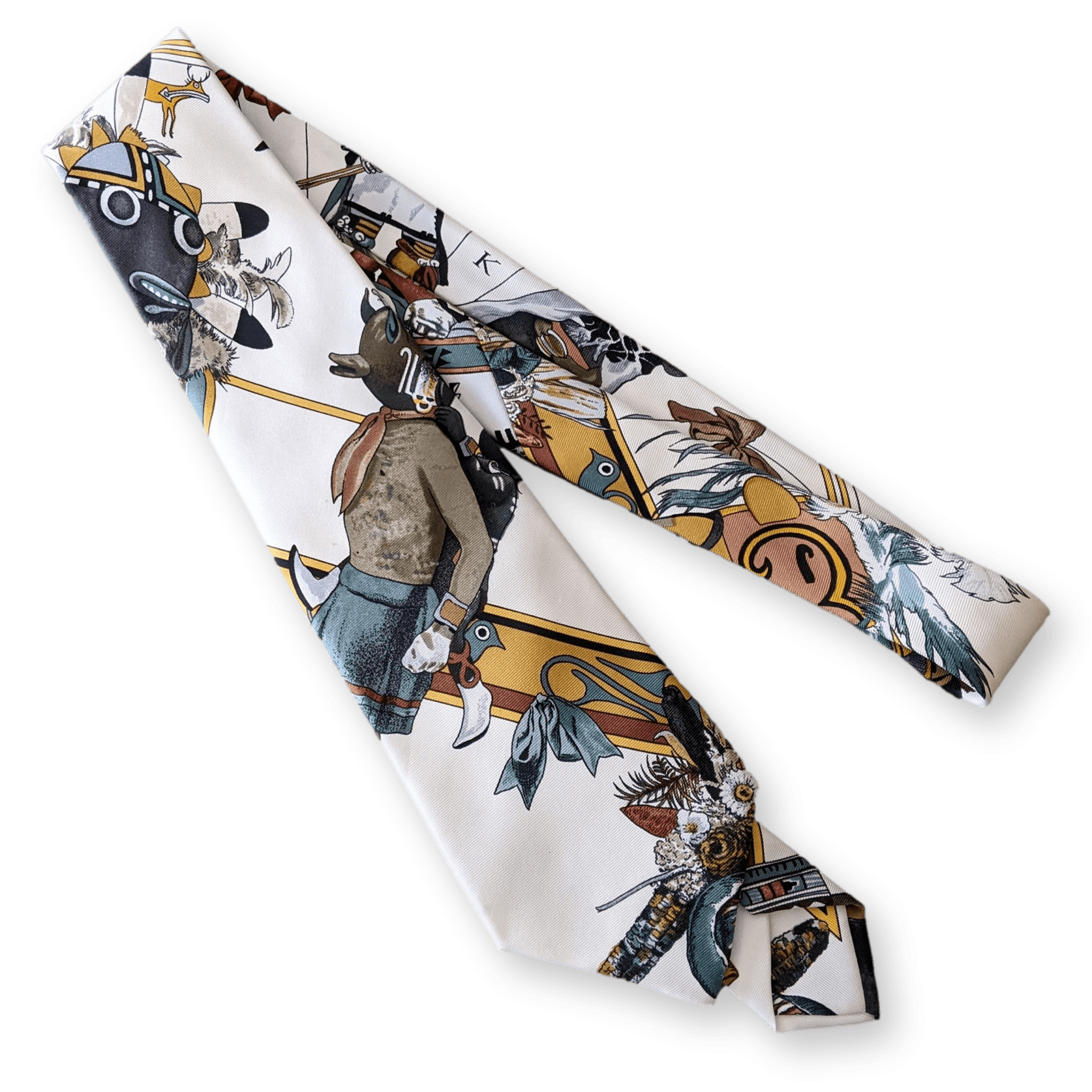 HERMES 1990s Kachinas by Oliver Kermit Print Twill Silk Tie 9 cm