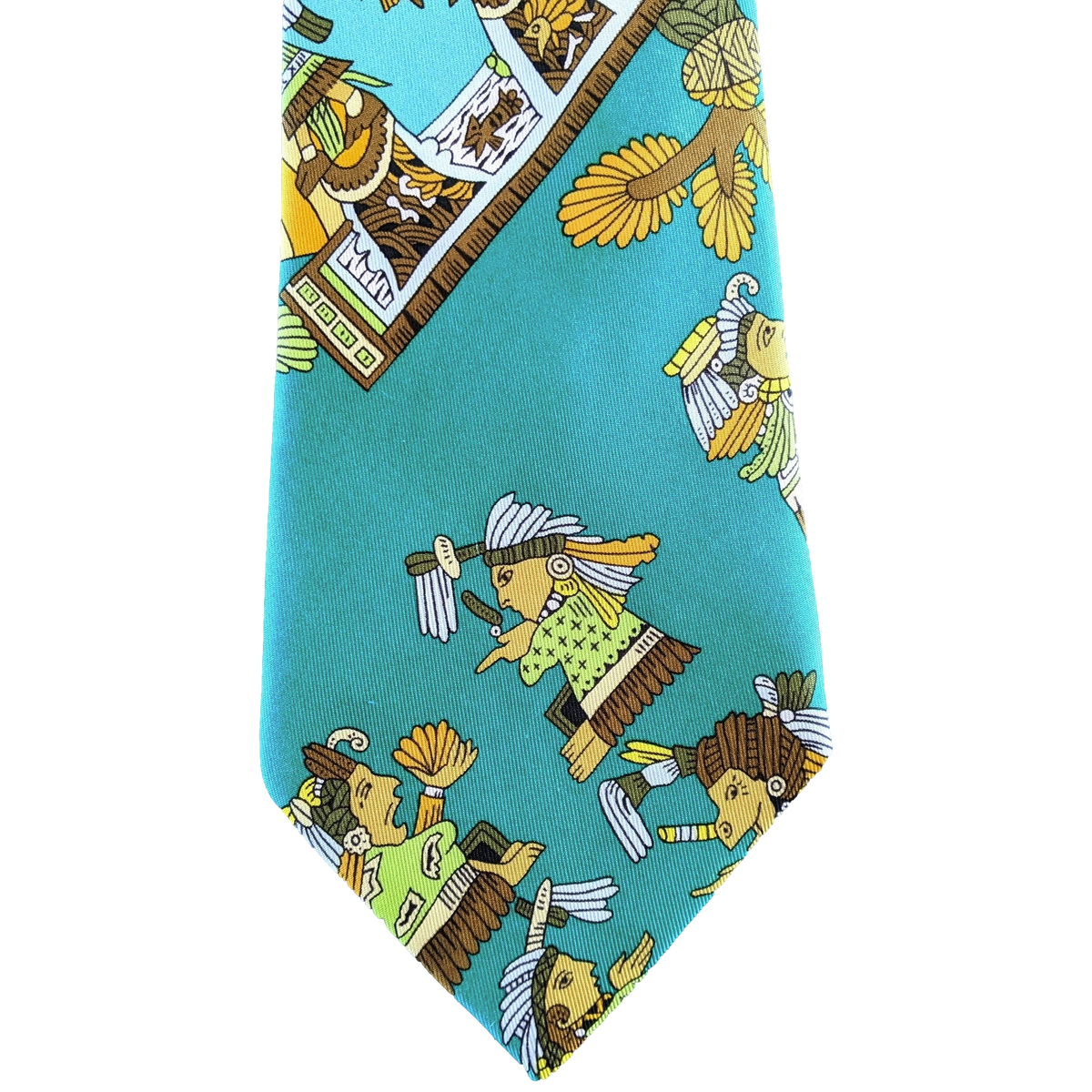 Produits Hermes 1990's Turquoise "Kachinas" by Kermit Oliver Print Scarf Twill Silk Tie 9 cm