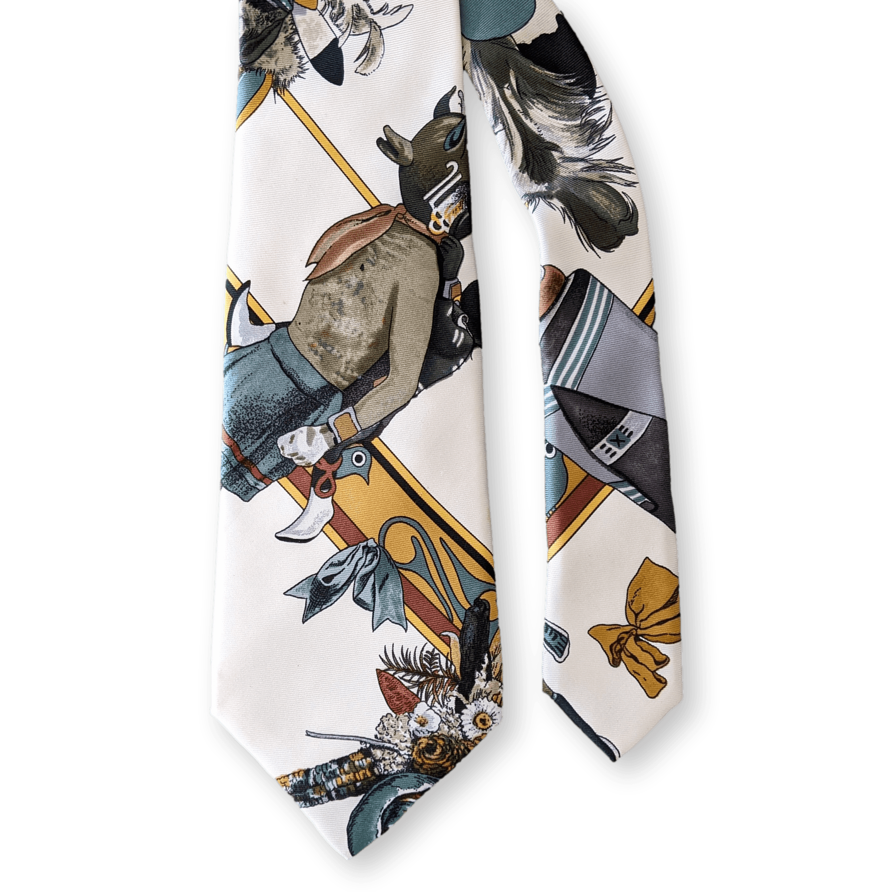 HERMES 1990s Kachinas by Oliver Kermit Print Twill Silk Tie 9 cm
