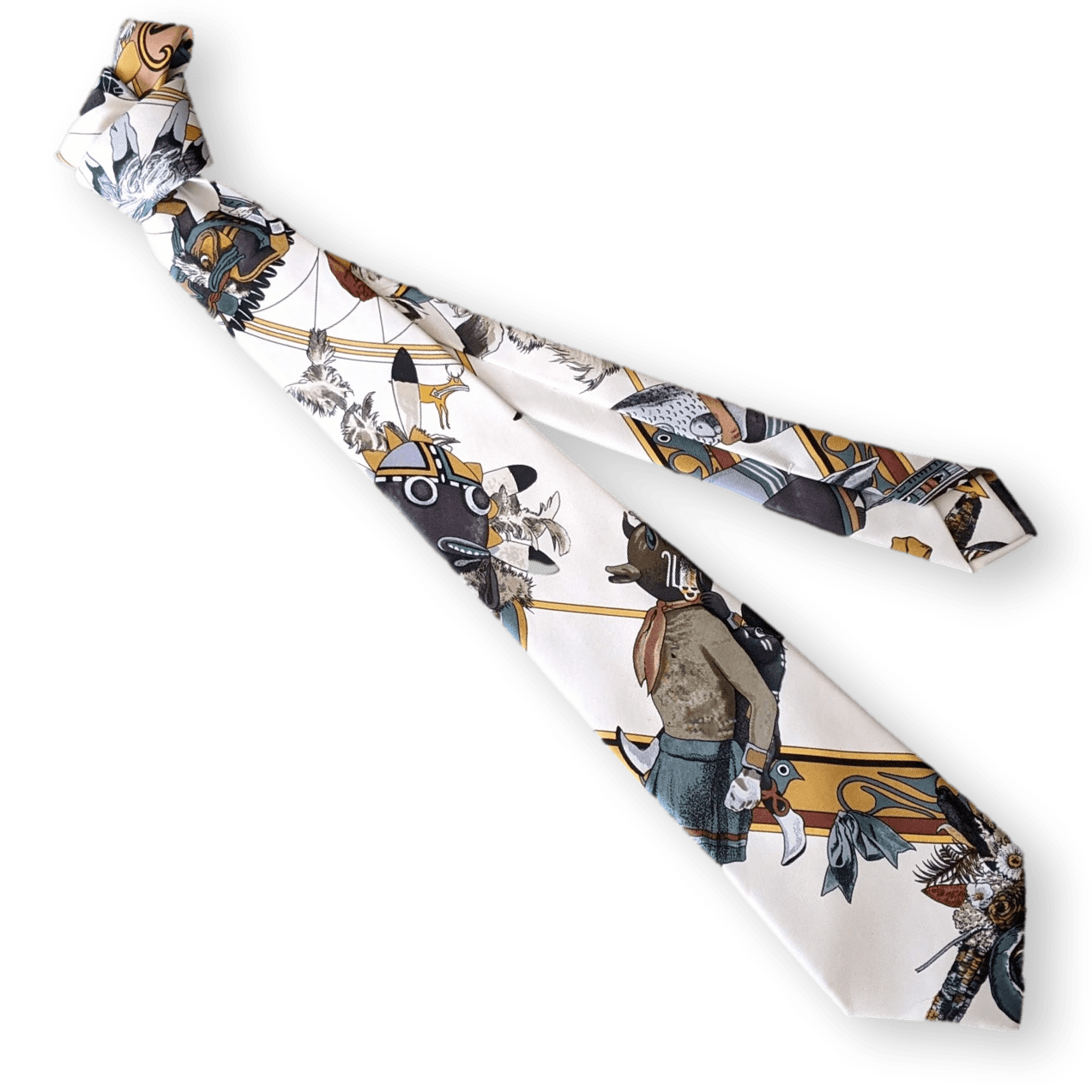 HERMES 1990s Kachinas by Oliver Kermit Print Twill Silk Tie 9 cm