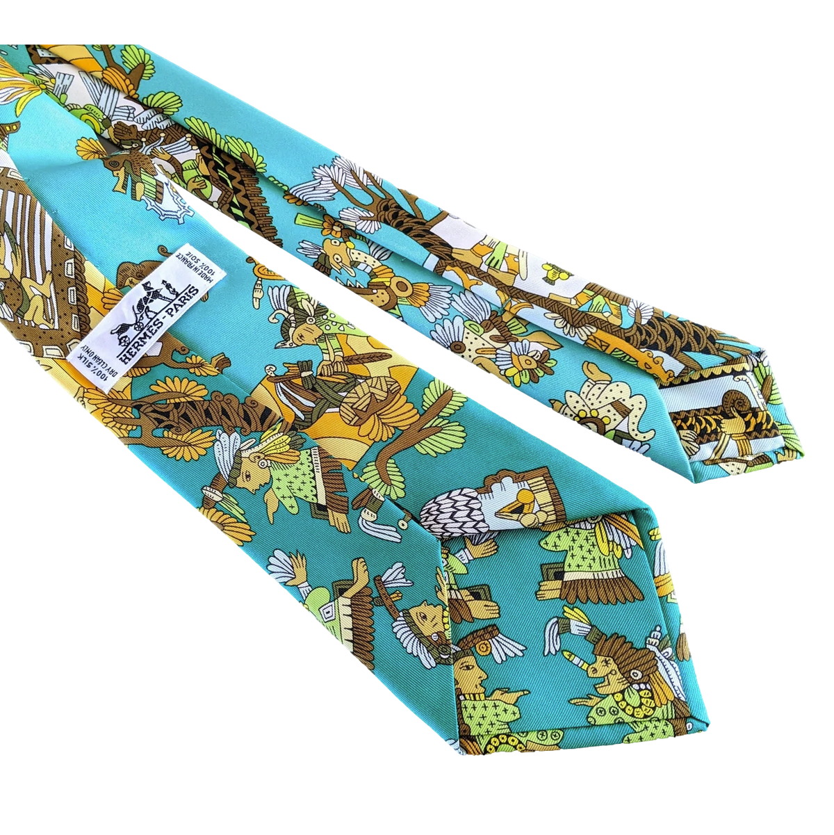 Produits Hermes 1990's Turquoise "Kachinas" by Kermit Oliver Print Scarf Twill Silk Tie 9 cm