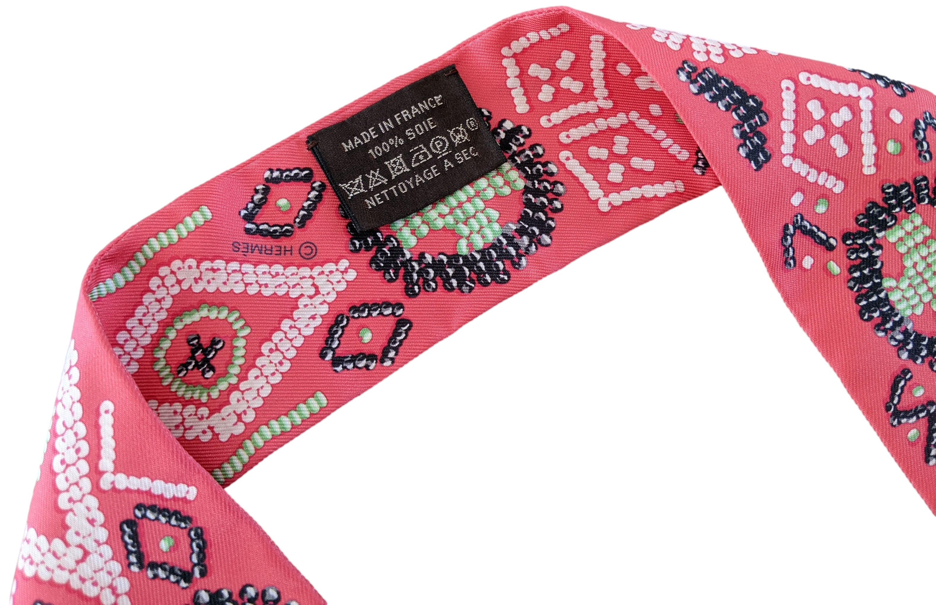 HERMES Rose/Vert/Noir KELLY EN PERLES Twilly