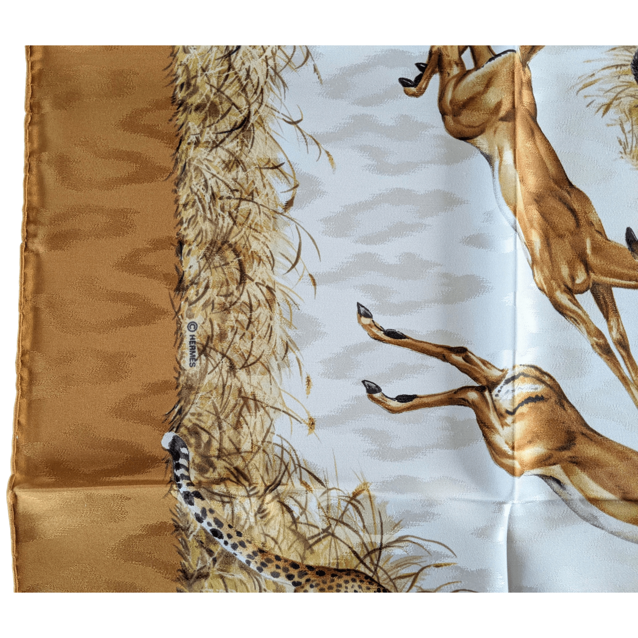 HERMES 1990's Gold Kenya by Robert Dallet Jacquard Twill Silk Scarf 90 x 90 cm