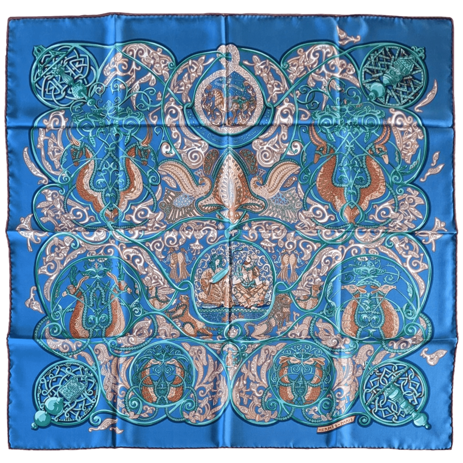 HERMES 2010 Blue La Charmante aux Animaux by Annie Faivre Twill Silk Scarf 90 x 90 cm