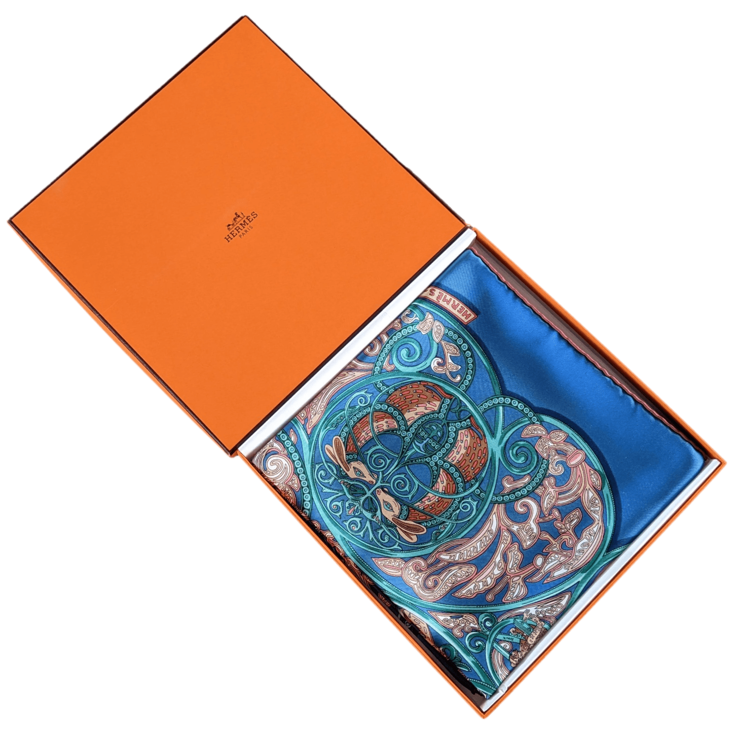 HERMES 2010 Blue La Charmante aux Animaux by Annie Faivre Twill Silk Scarf 90 x 90 cm
