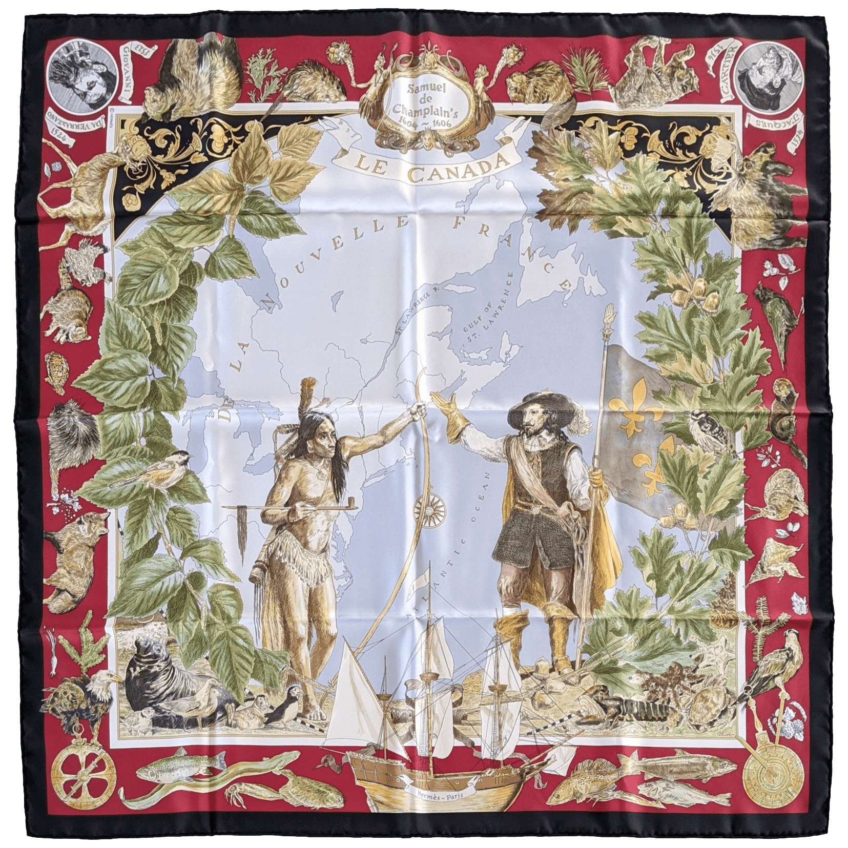 HERMES Black Border Le Canada by Kermit Oliver Twill Scarf 90 x 90 cm