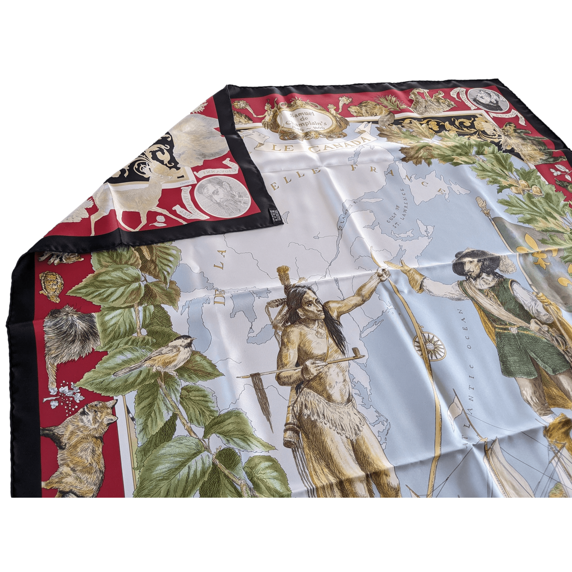 HERMES Black Border Le Canada by Kermit Oliver Twill Scarf 90 x 90 cm