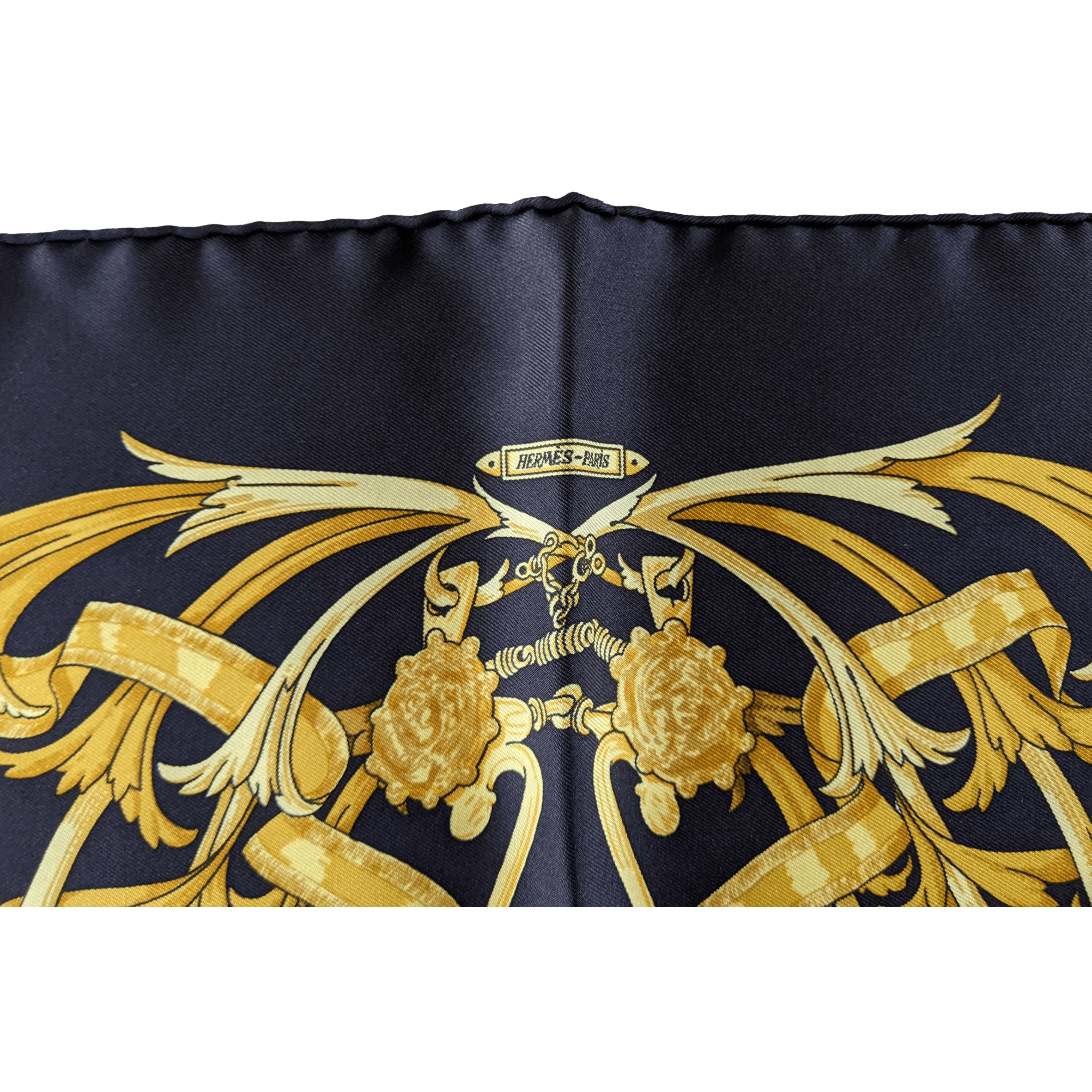 HERMES Black/Gold Le Mors a la Connetable Twill Silk Gavroche 45 x 45 cm