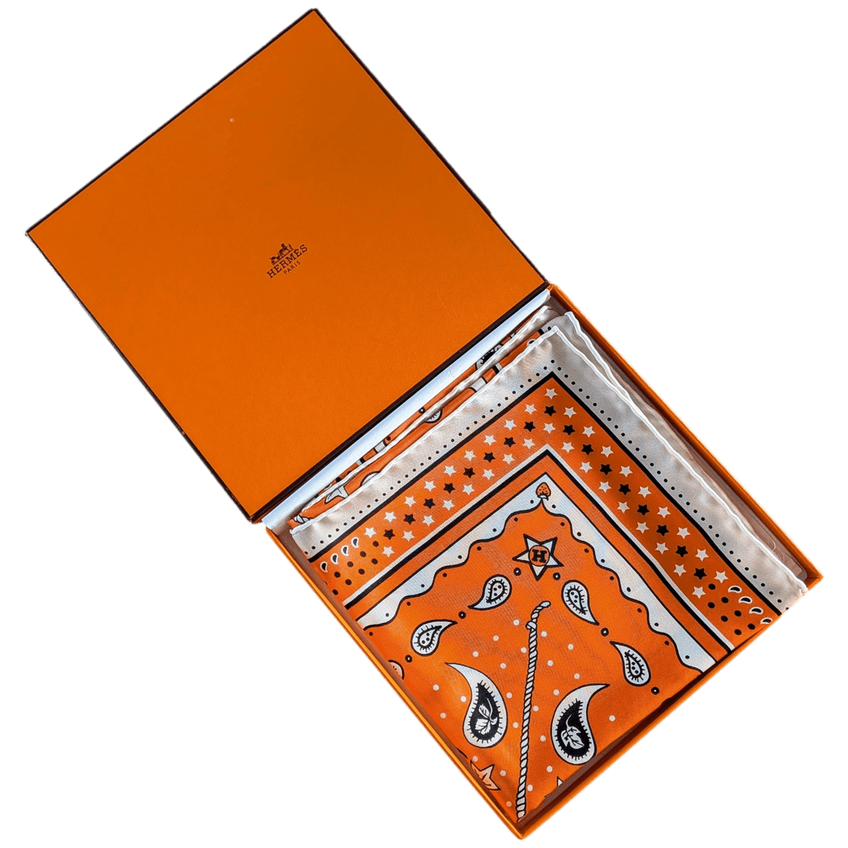 HERMES Le Rodeo des Fruits Shinsuke Kawahara Silk Bandana 55 Orange Pristine Box