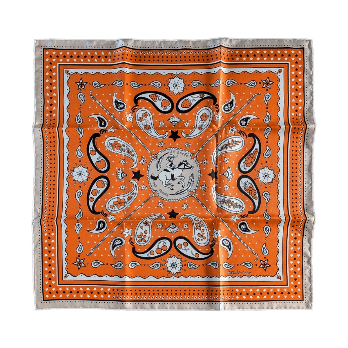HERMES Le Rodeo des Fruits Shinsuke Kawahara Silk Bandana 55 Orange Pristine Box