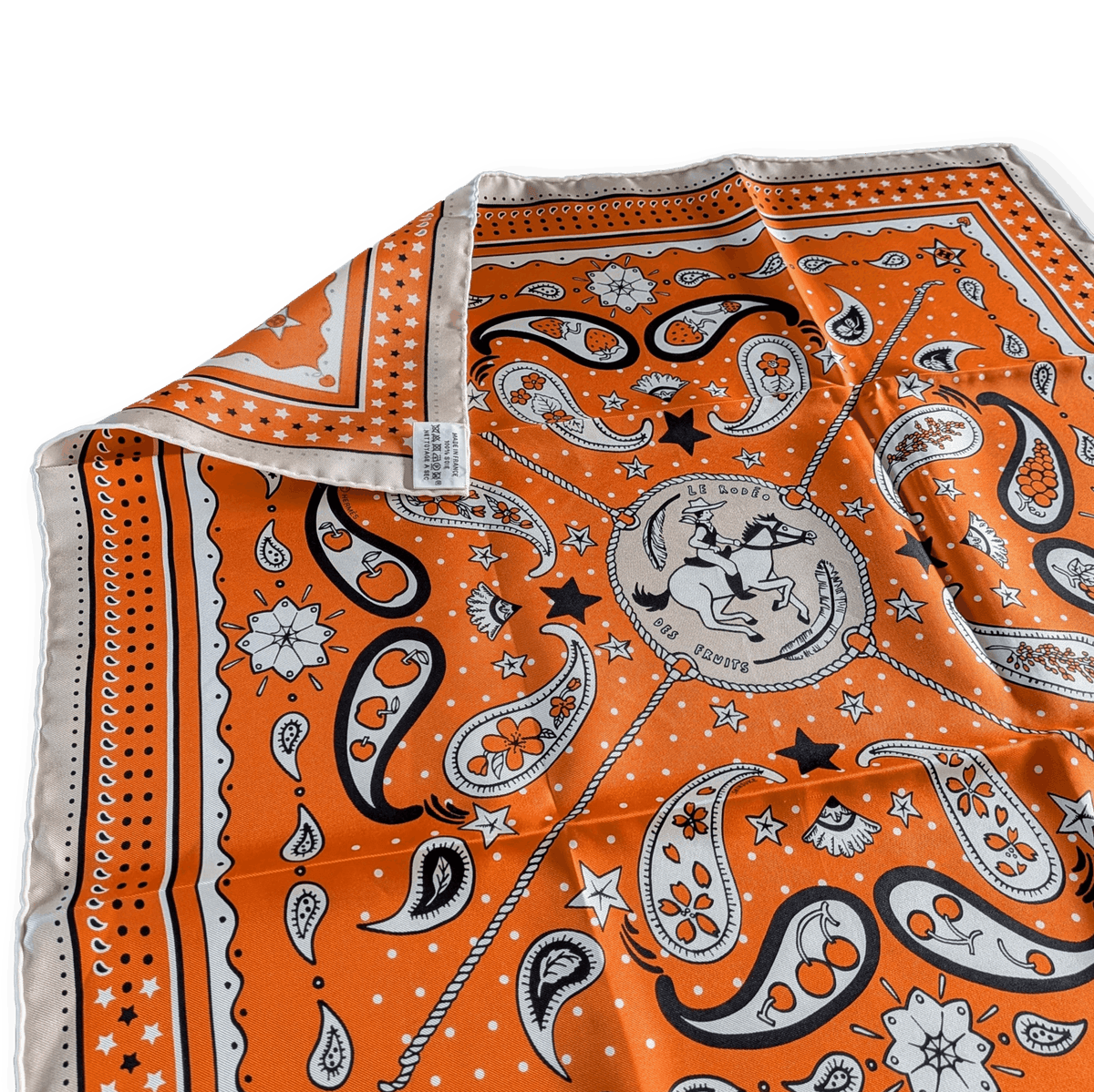 HERMES Le Rodeo des Fruits Shinsuke Kawahara Silk Bandana 55 Orange Pristine Box