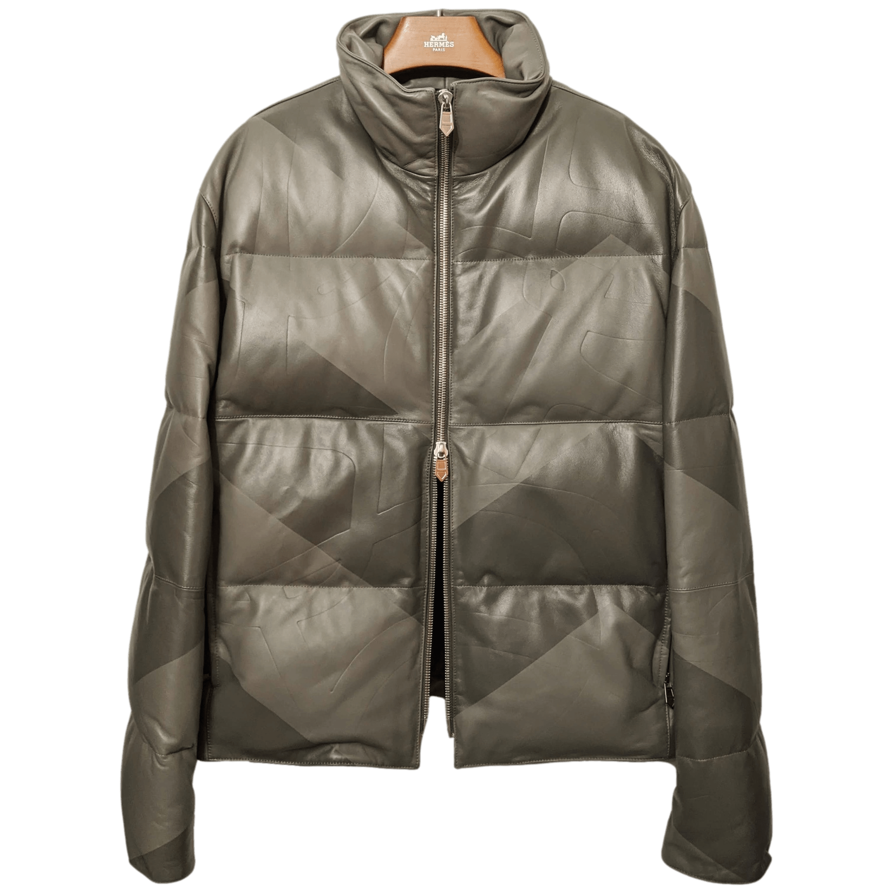 HERMES LEATHER DOWN DOUDOUNE Green-Grey Duck Lambskin Jacket SZ50