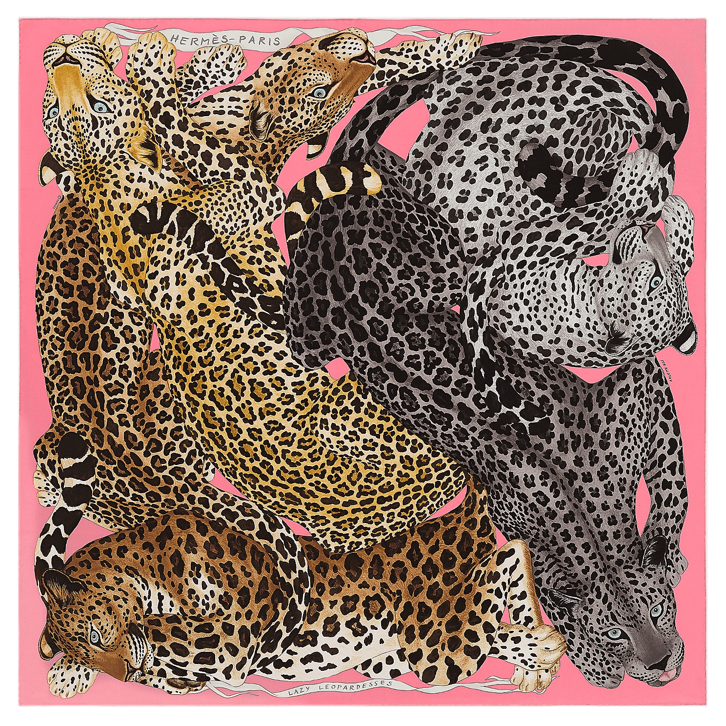 HERMES Rose Vif/Anthracite Lazy Leopardesses by Arlette Ess Twill 90cm