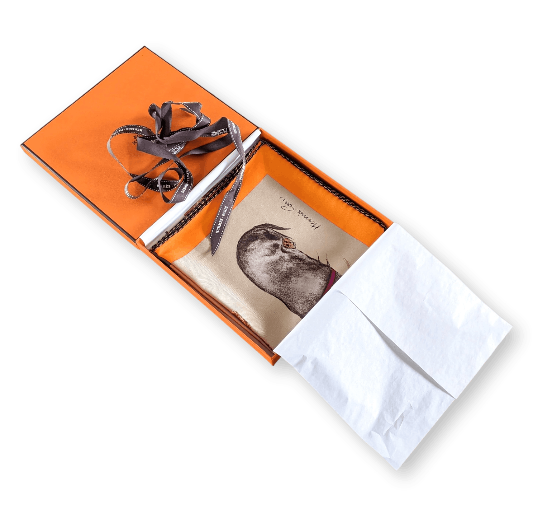 HERMES Les Bassets Silk Scarf 70 Beige Sepia Orange