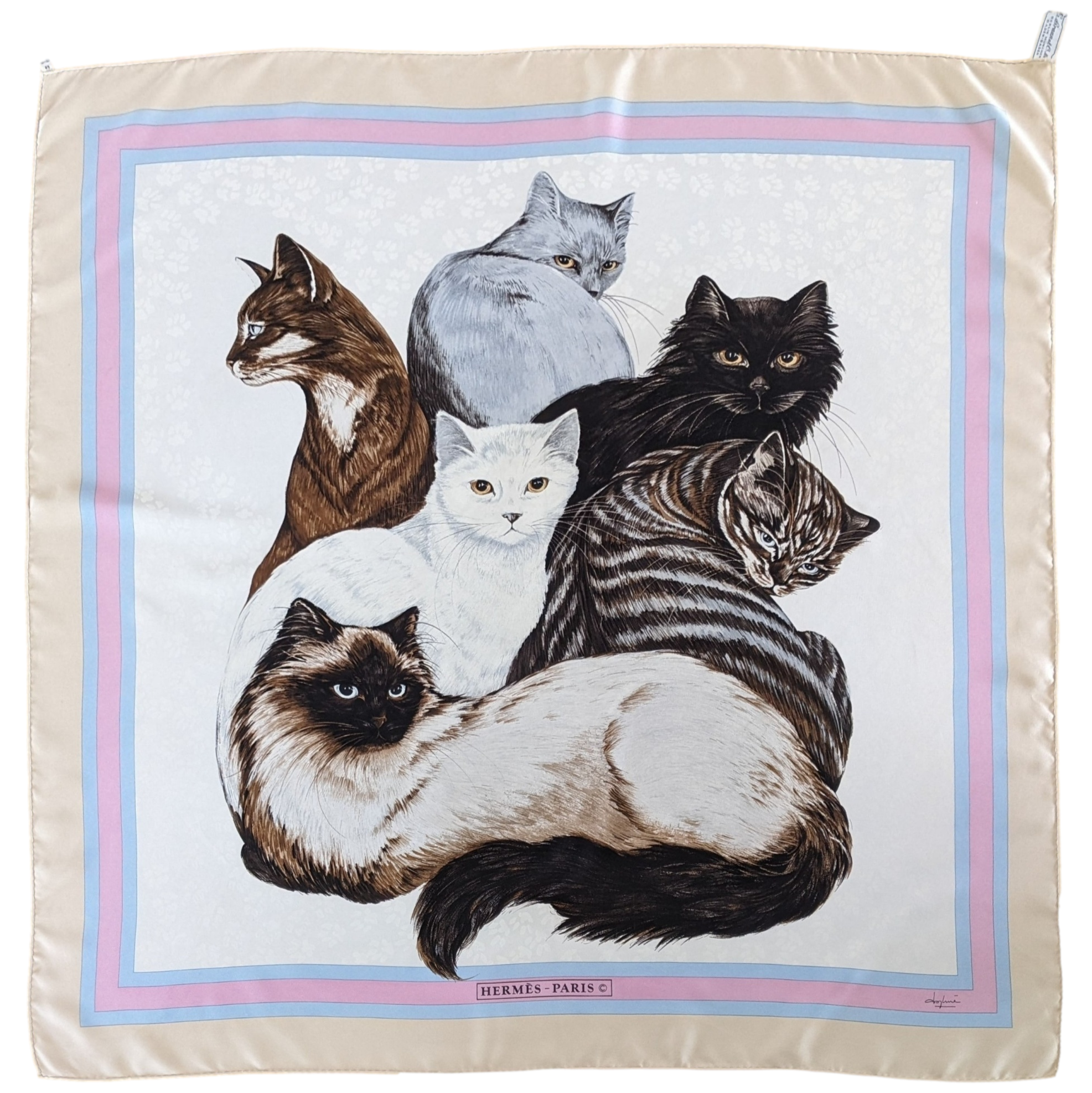 HERMES LES CHATS 1985 by Daphné Duchesne Twill Jacquard Silk Scarf 90 x 90 cm