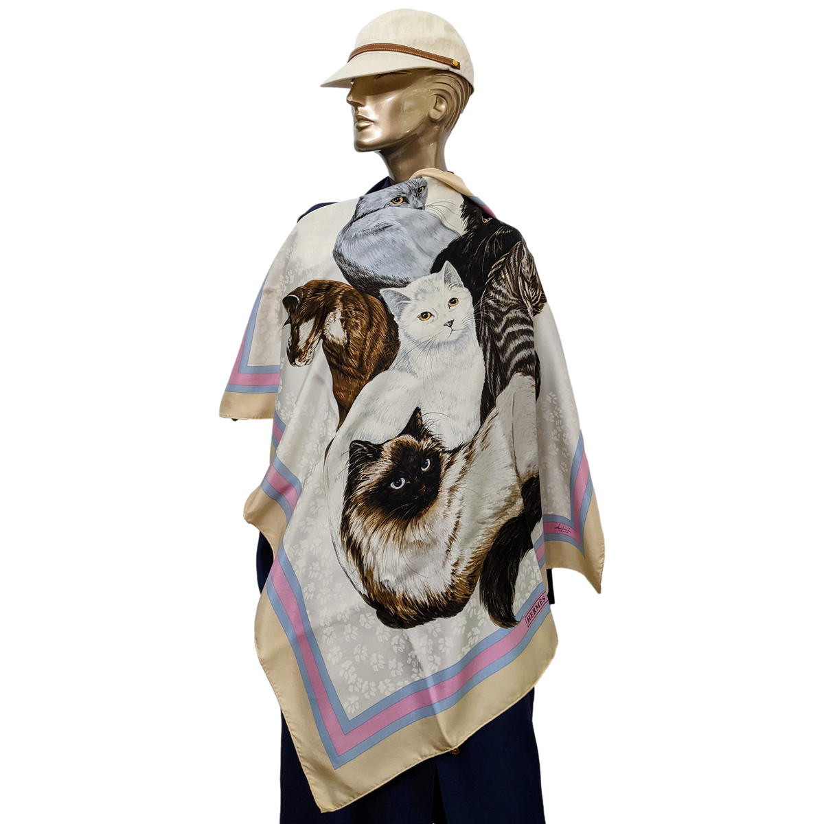 HERMES LES CHATS 1985 by Daphné Duchesne Twill Jacquard Silk Scarf 90 x 90 cm