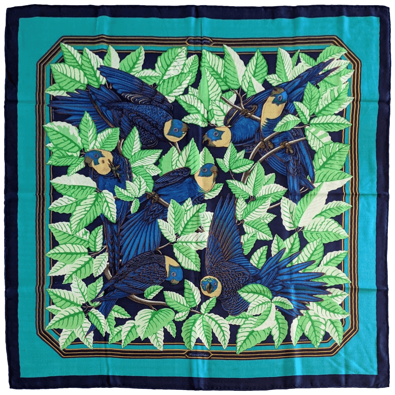 クリーニング済　HERMES カレ90 Les Perroquets オウム hermes-les-perroquets-silk-_-