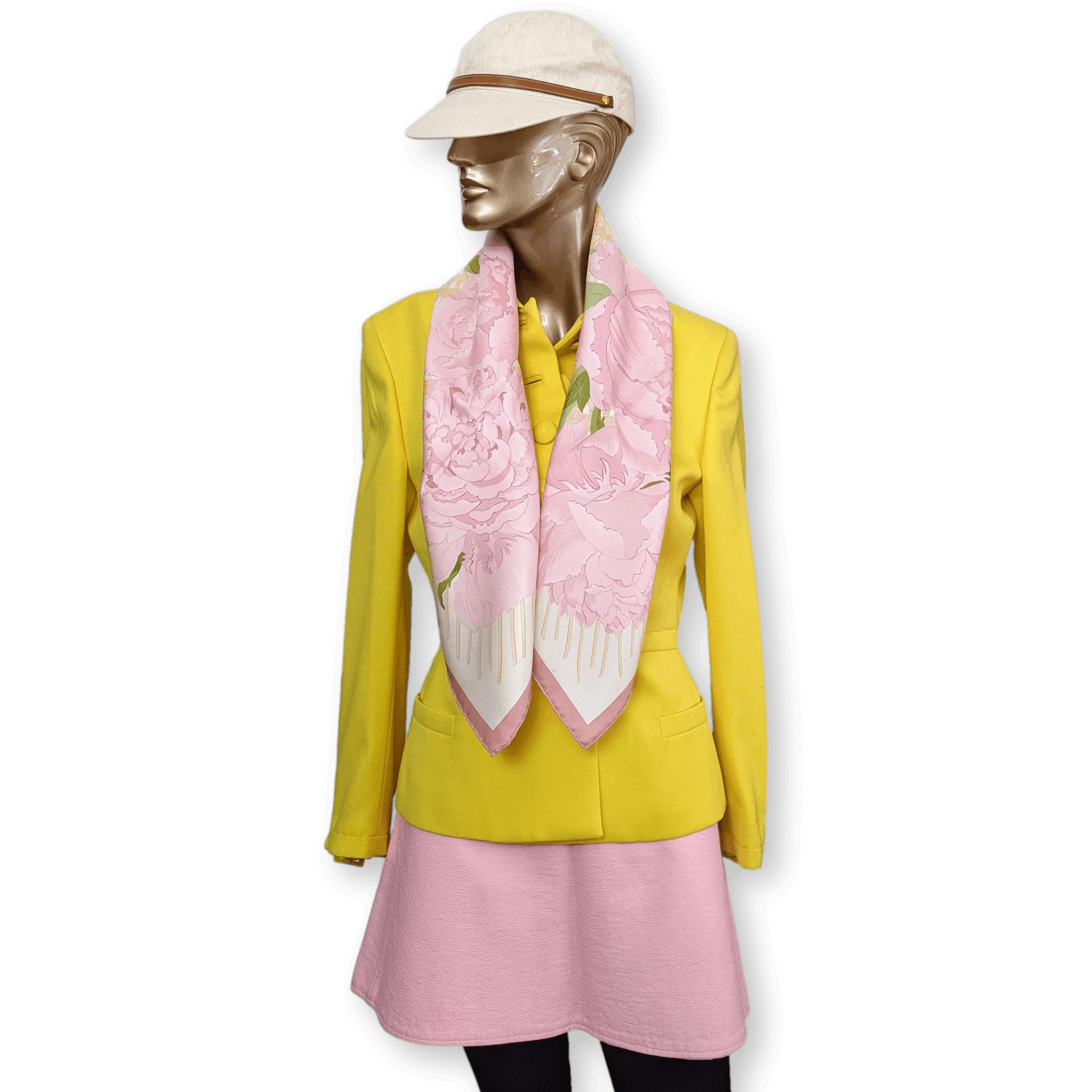 HERMES Les Pivoines Twill 90 Scarf Rose Pale/Vert