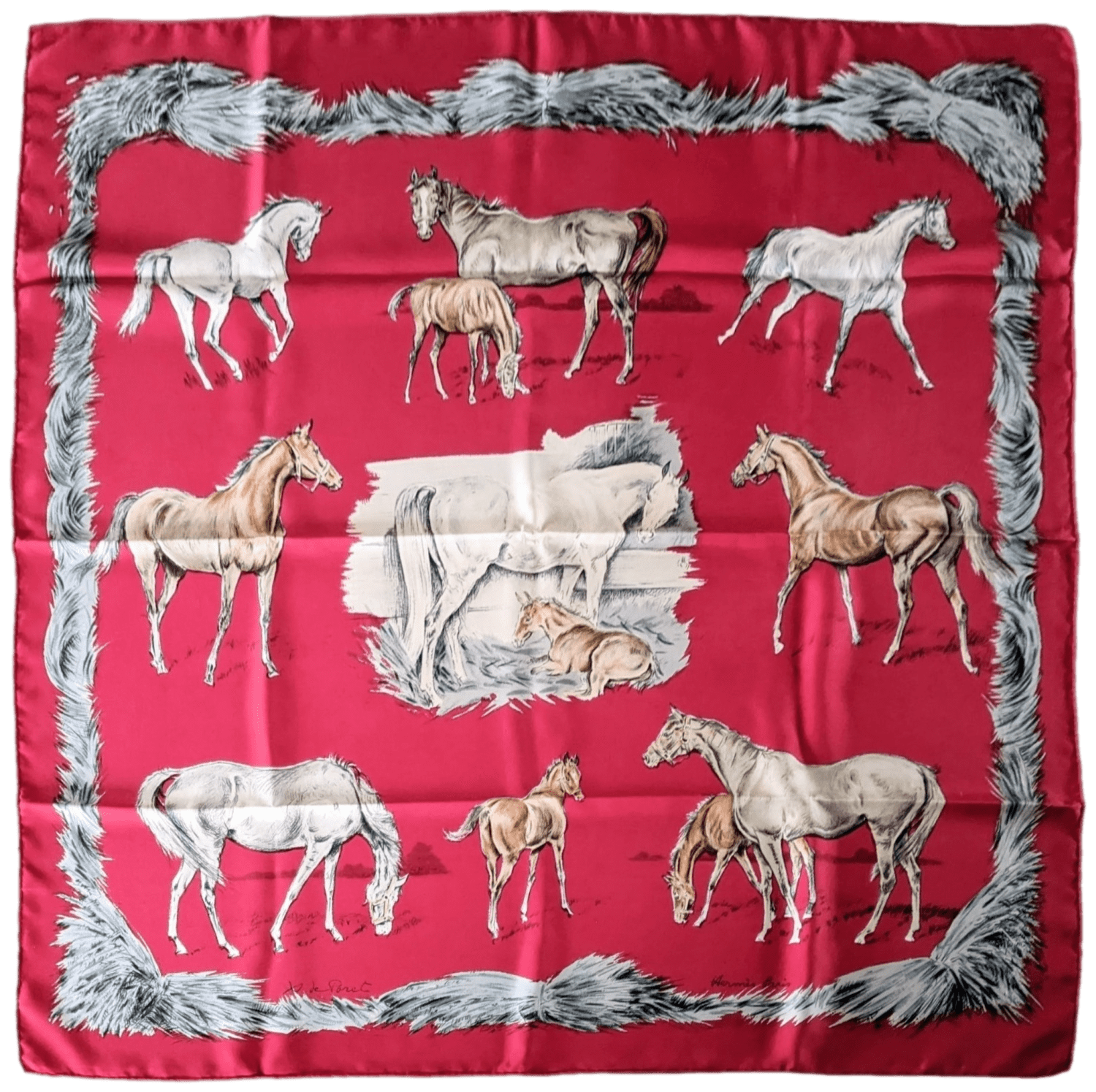 HERMES LES POULAINS 1998 by Xavier de Poret Twill 90 x 90 cm