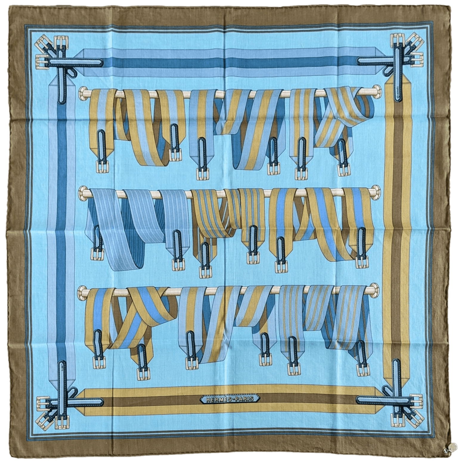 HERMES Les Sangles Cotton Scarf 70 Palladium Charm Rare Special Issue
