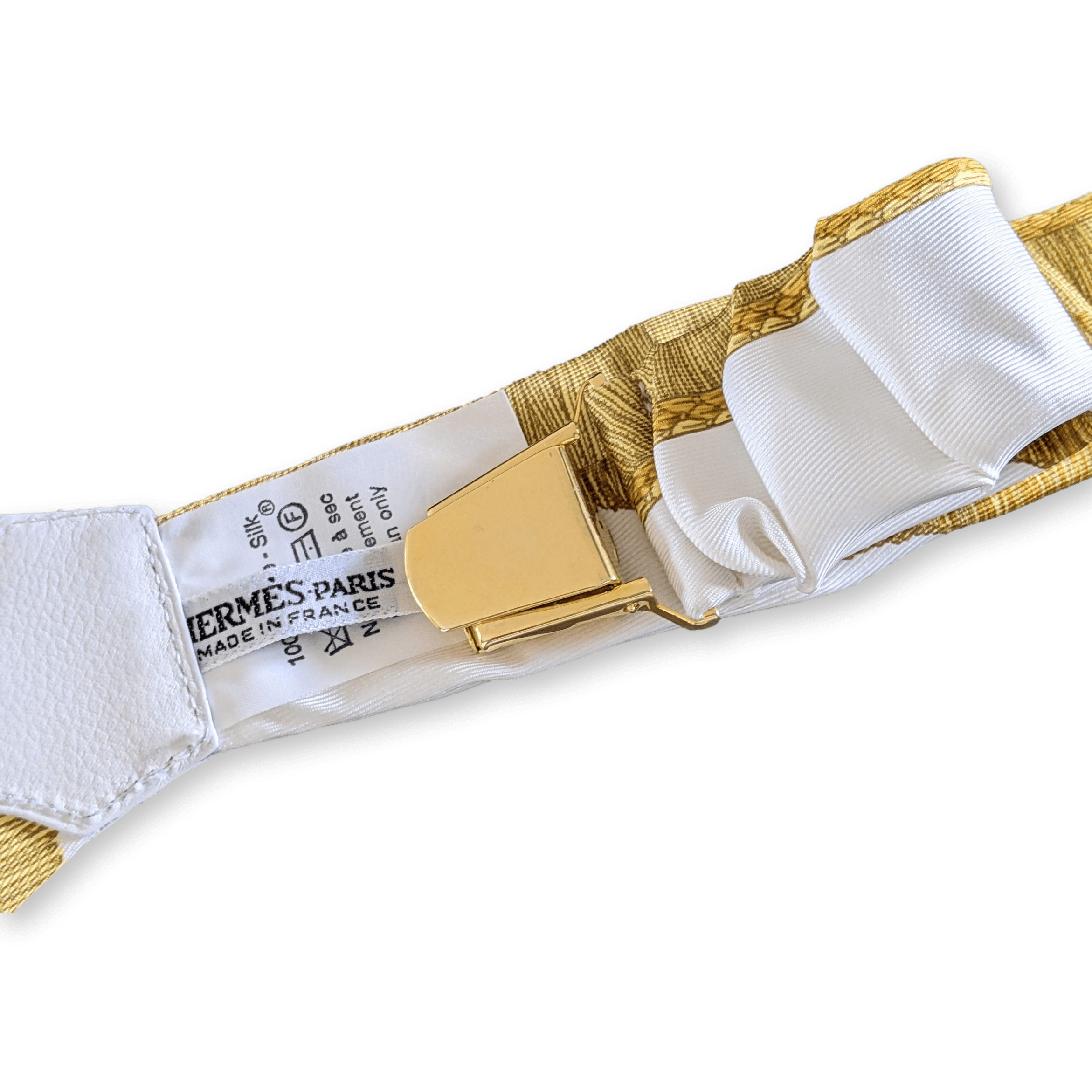 HERMES 1990's White/Gold Les Tambours Printed Twill Silk Adjustable Suspenders