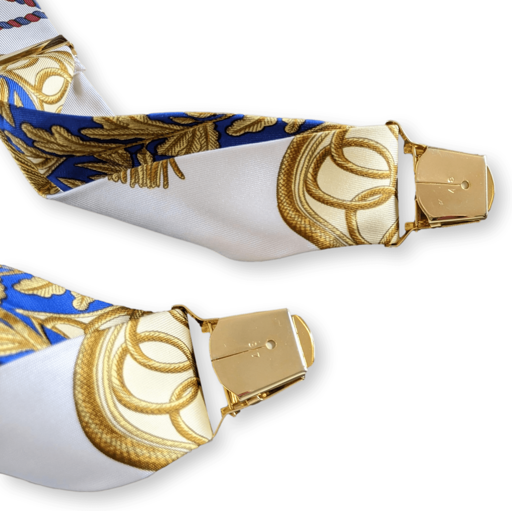 HERMES 1990's White/Gold Les Tambours Printed Twill Silk Adjustable Suspenders