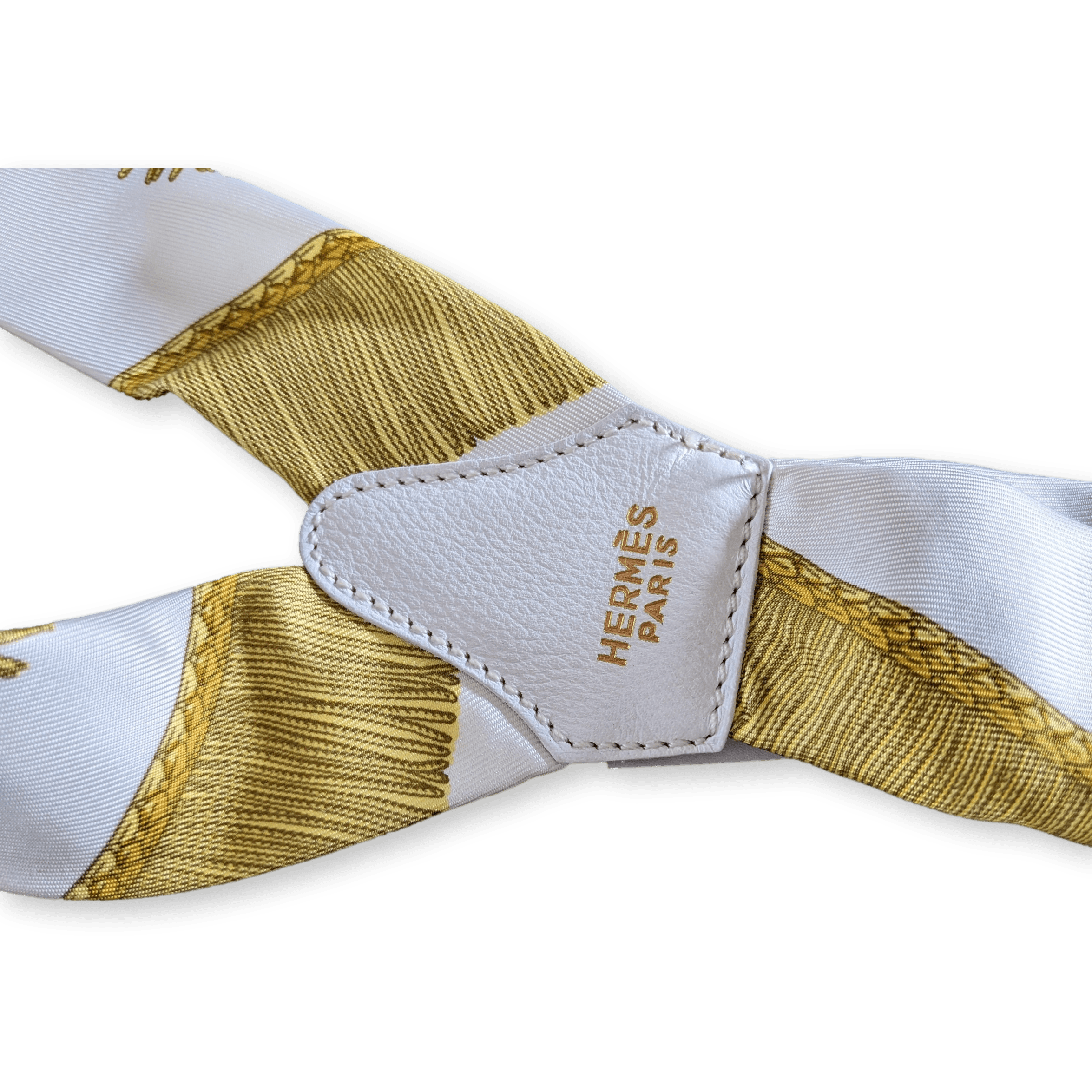 HERMES 1990's White/Gold Les Tambours Printed Twill Silk Adjustable Suspenders