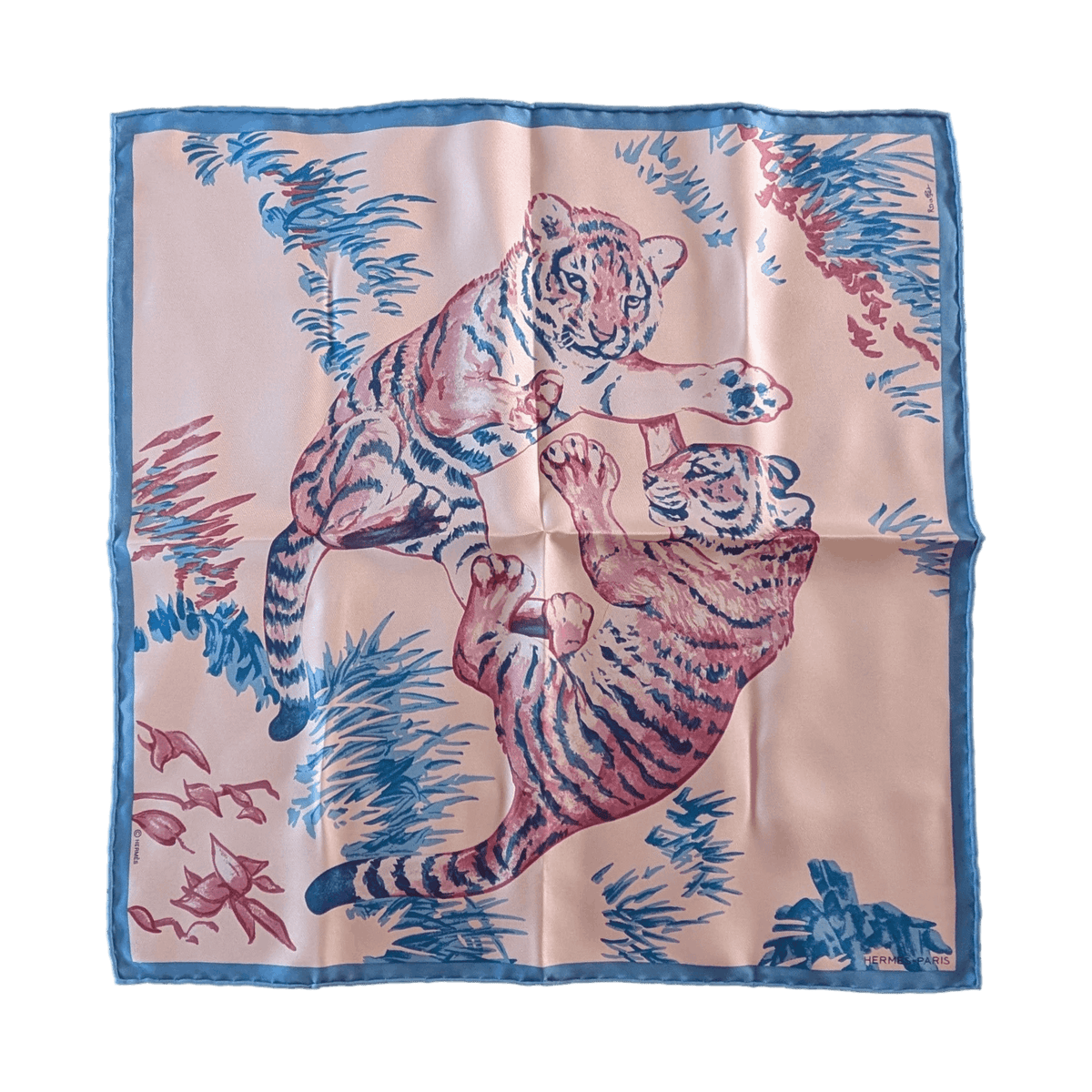 HERMES Les Tigreaux Robert Dallet Silk Gavroche 45 Pale Pink Blue New Box Rare