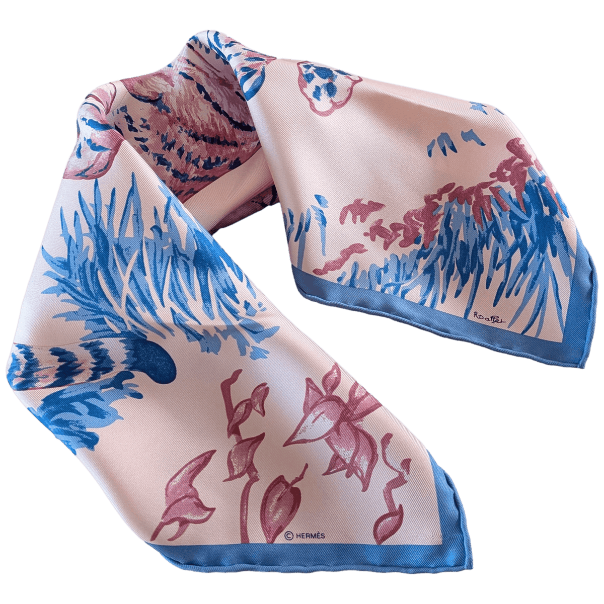 HERMES Les Tigreaux Robert Dallet Silk Gavroche 45 Pale Pink Blue New Box Rare