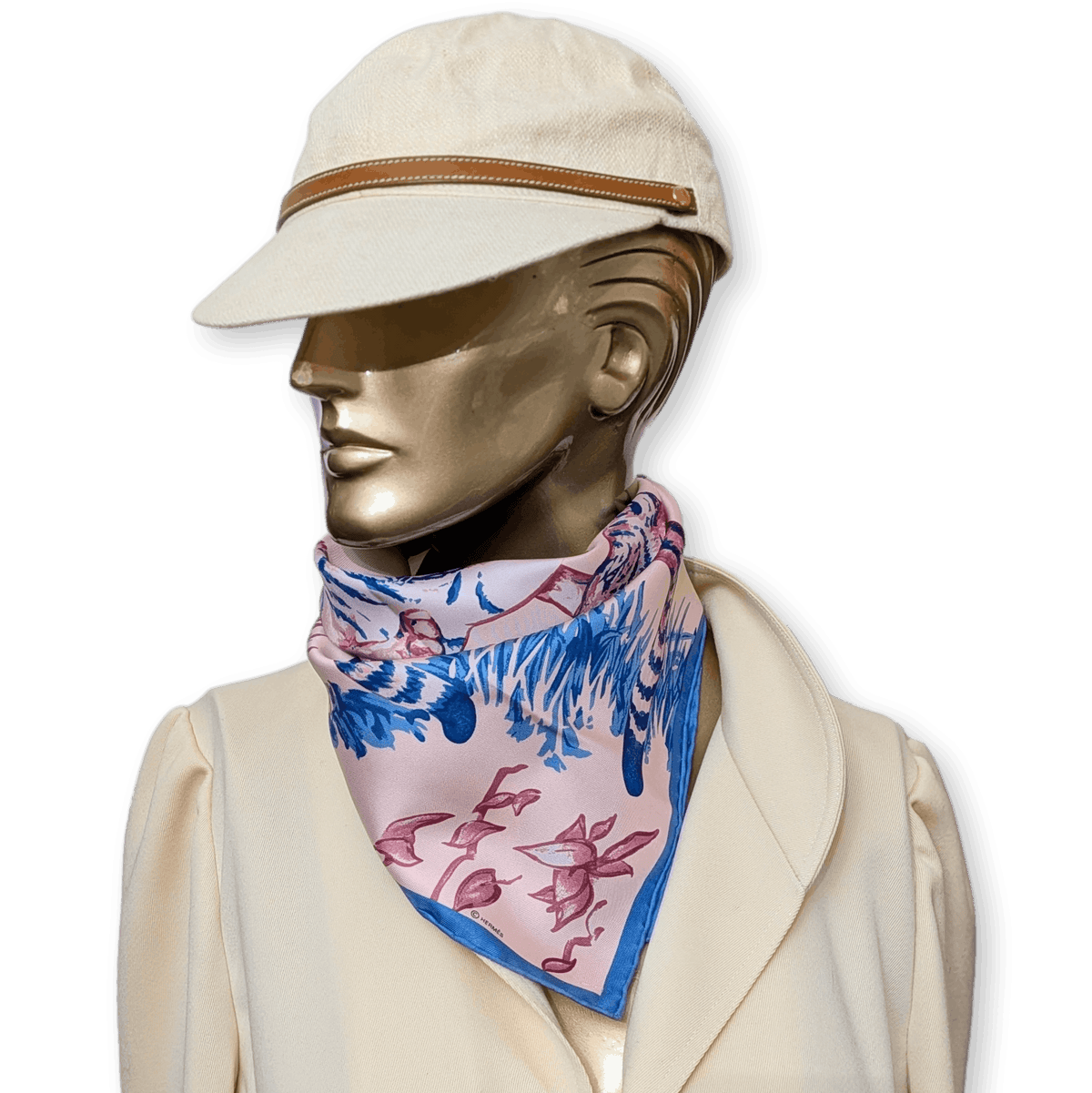HERMES Les Tigreaux Robert Dallet Silk Gavroche 45 Pale Pink Blue New Box Rare