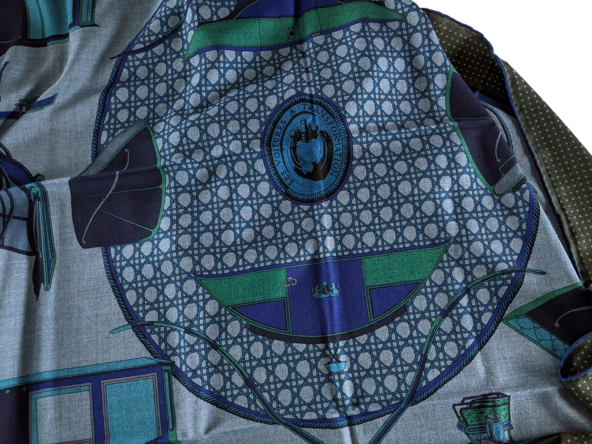 Hermes Jeans/Kaki " Les Voitures a Transformation" by Francoise de la Perriere Cashmere Shawl 140