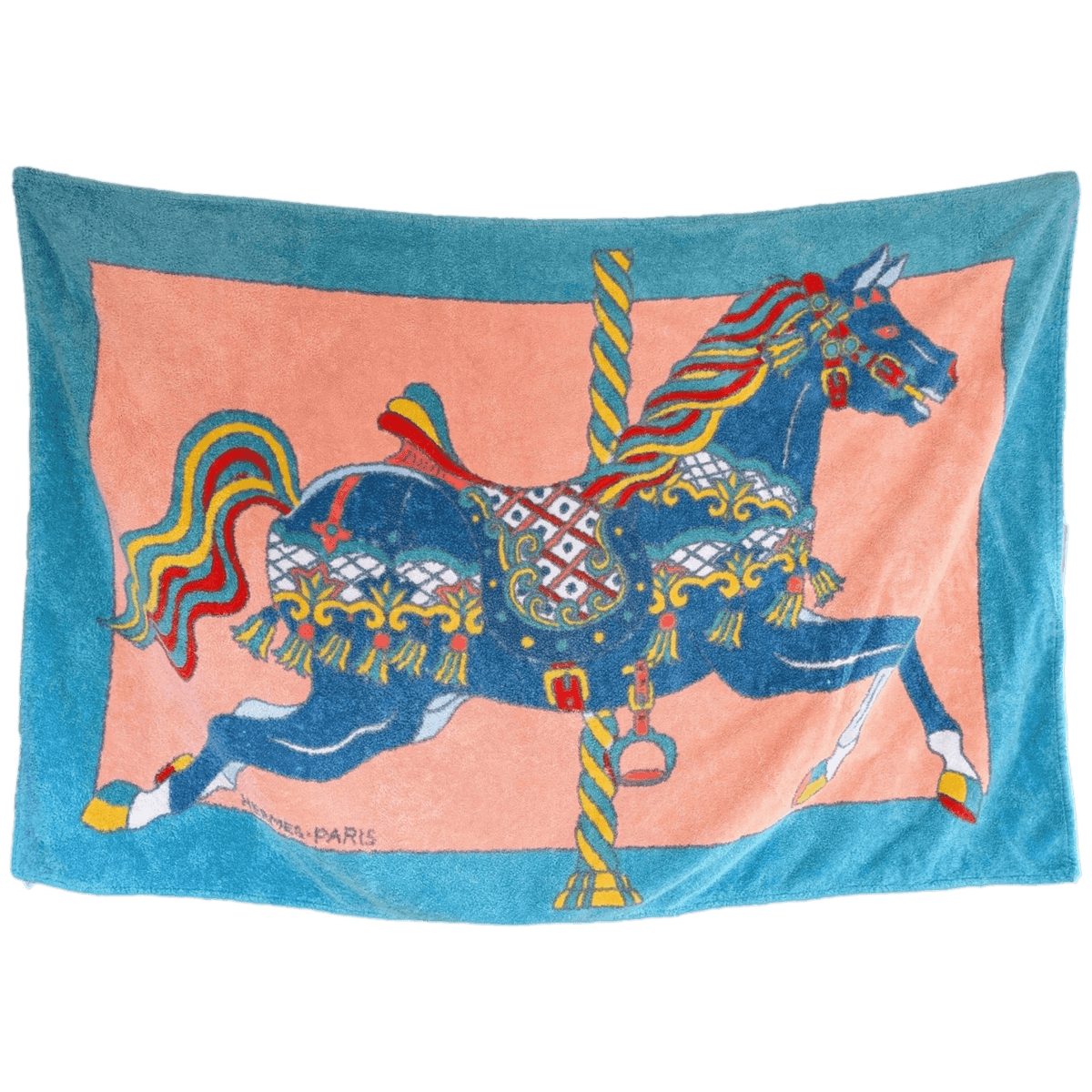 HERMES Luna Park Carousel Horse Beach Towel Pink Turquoise Blue GM 90 x 150 cm Pristine Rare