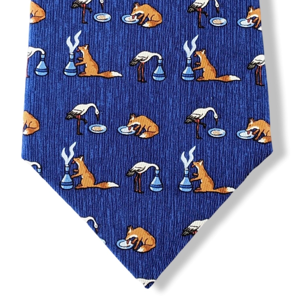 Hermes Marine/Fauve/Bleu LE RENARD ET LA CIGOGNE fox and stork Twill Silk Tie 9,1cm, New in Transparent Pochette!. - poupishop