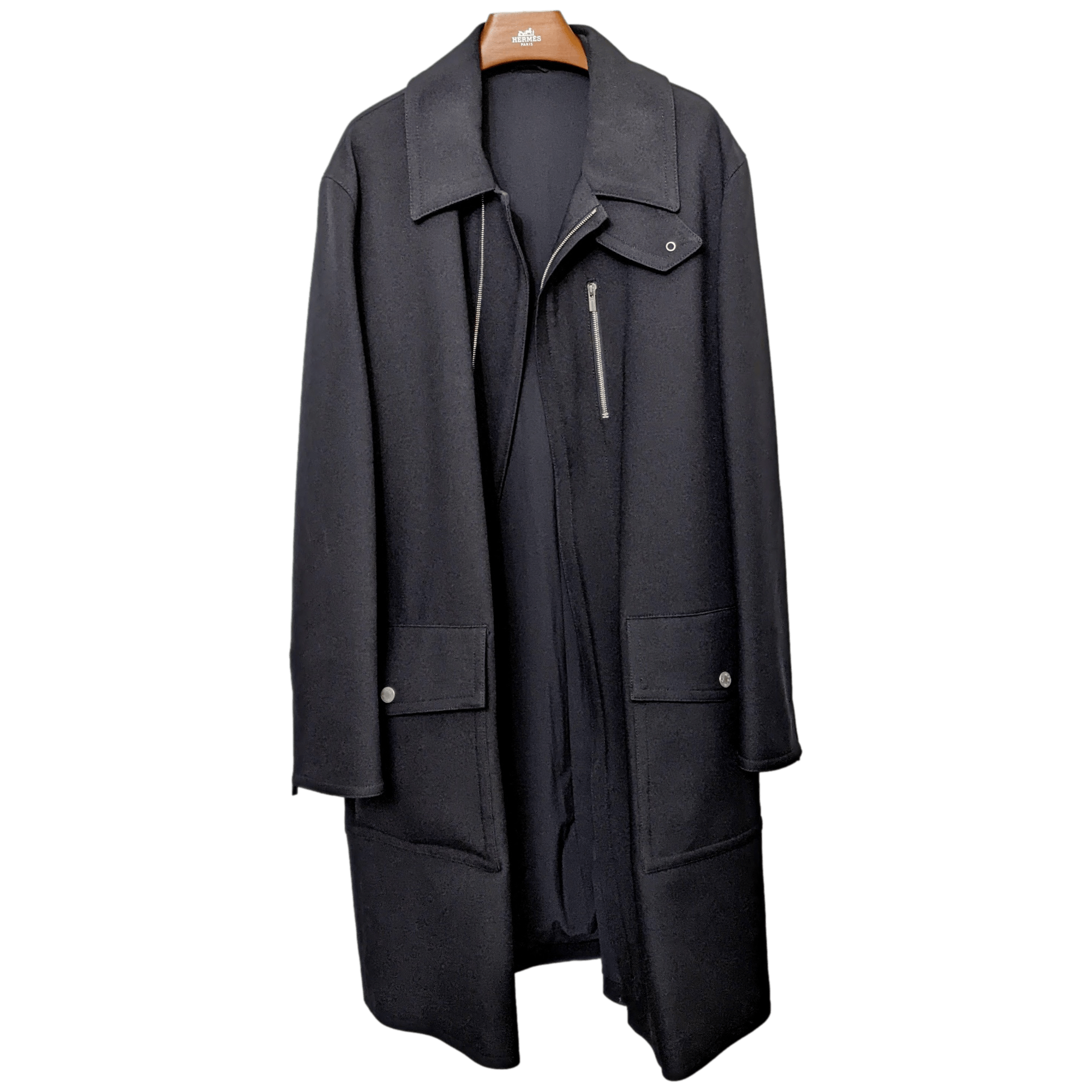 HERMES 2022 F/W Men's Black Wool Gabardine Trench Coat Sz48